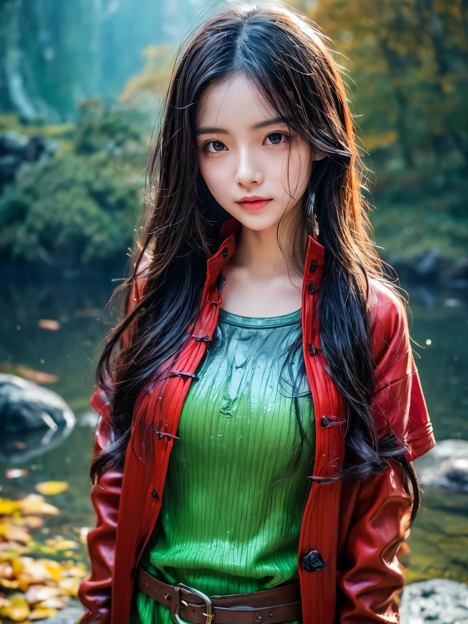 masterpiece, best quality, autumn outfit, colorful hair, outdoor,upper body, colorful autumnal clothes, ((fully clothed)), warm clothes, wet clothes, soaked, drenched, excited, wet hair, wet and slimy, water up to her chest, submerged, fantasy environment, fantasy chinese environment ,fantastical, vivid colors, varied poses, detailed green eyes, beautiful Asian girl