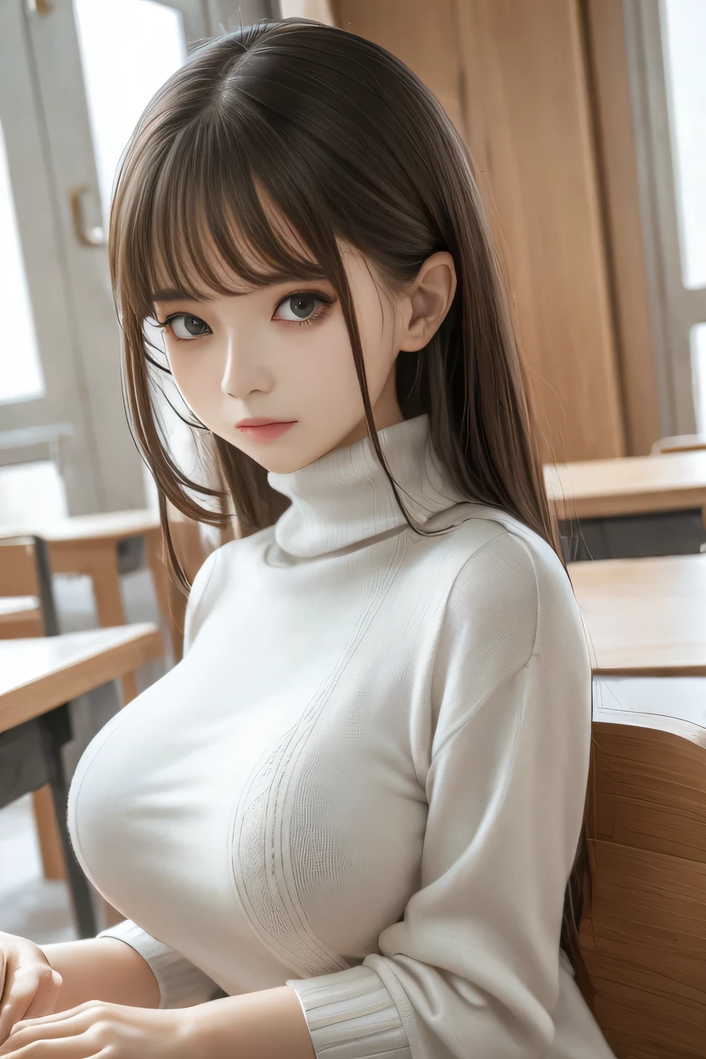 chunmomo, (masterpiece, best quality:1.2), soft light, 1girl, solo, delicate face, Detailed skin, long black hair, ,White Turtleneck knitted sweater,in school, in college,huge breasts