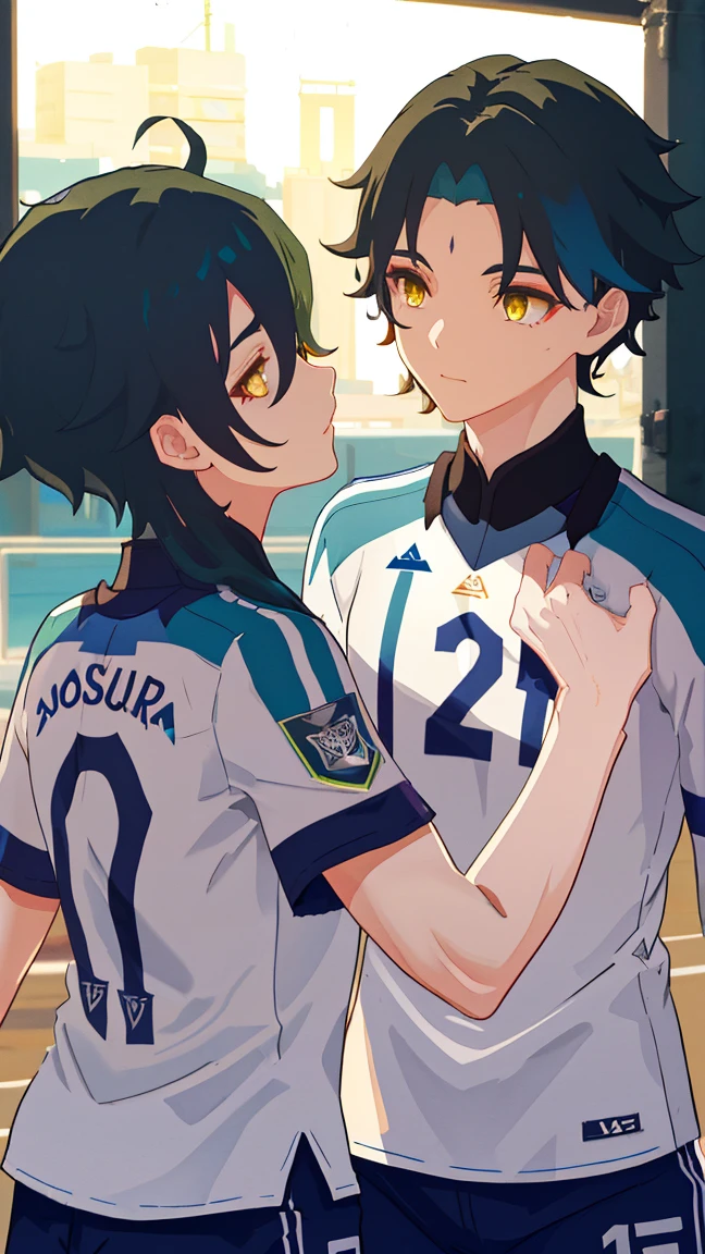 2 boys,dark green hair,highest quality,masterpiece,excessive,male focus,yellow eyes,beautiful eyes,beautiful boy,School,between men,Spouse,soccer club members,Blue soccer uniform,soccer,high school,soccer uniform,blue clothes,soccer court,teammate,same clothes,shoulder to shoulder,feminine,good friend,best image quality,