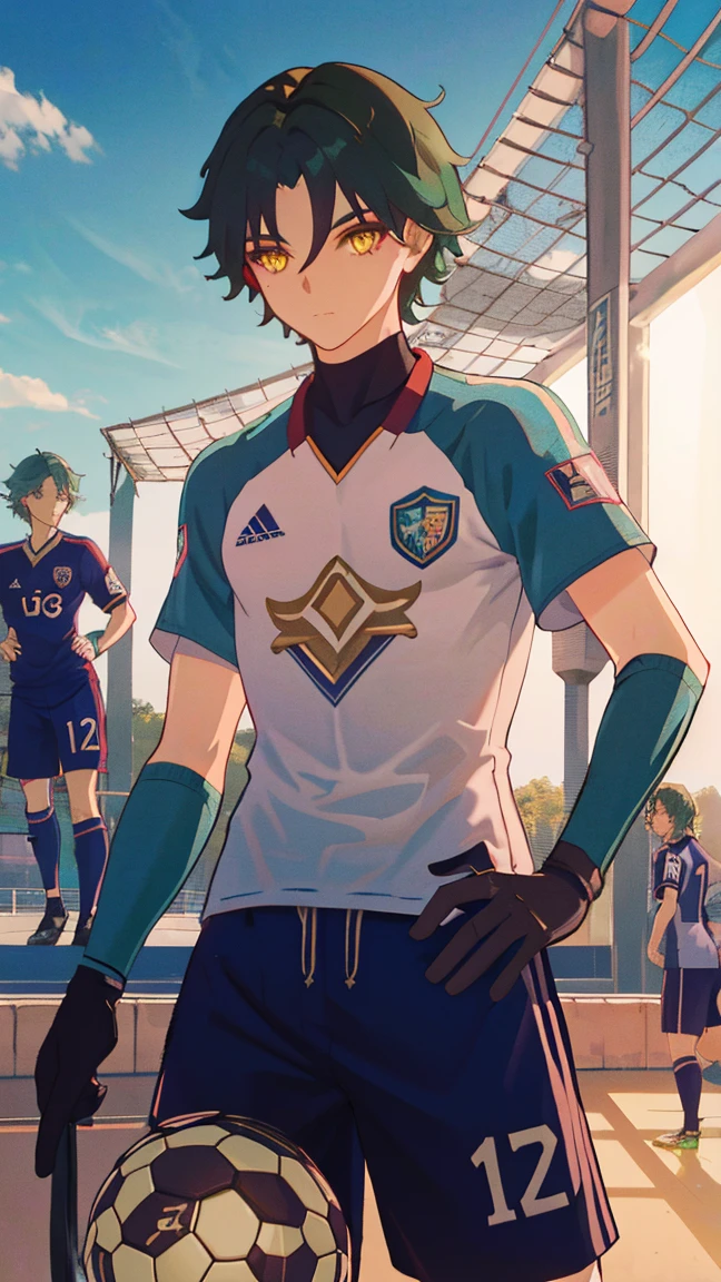 2 boys,dark green hair,highest quality,masterpiece,excessive,male focus,yellow eyes,beautiful eyes,beautiful boy,School,between men,Spouse,soccer club members,Blue soccer uniform,soccer,high school,soccer uniform,blue clothes,soccer court,teammate,same clothes,shoulder to shoulder,feminine,good friend,best image quality,