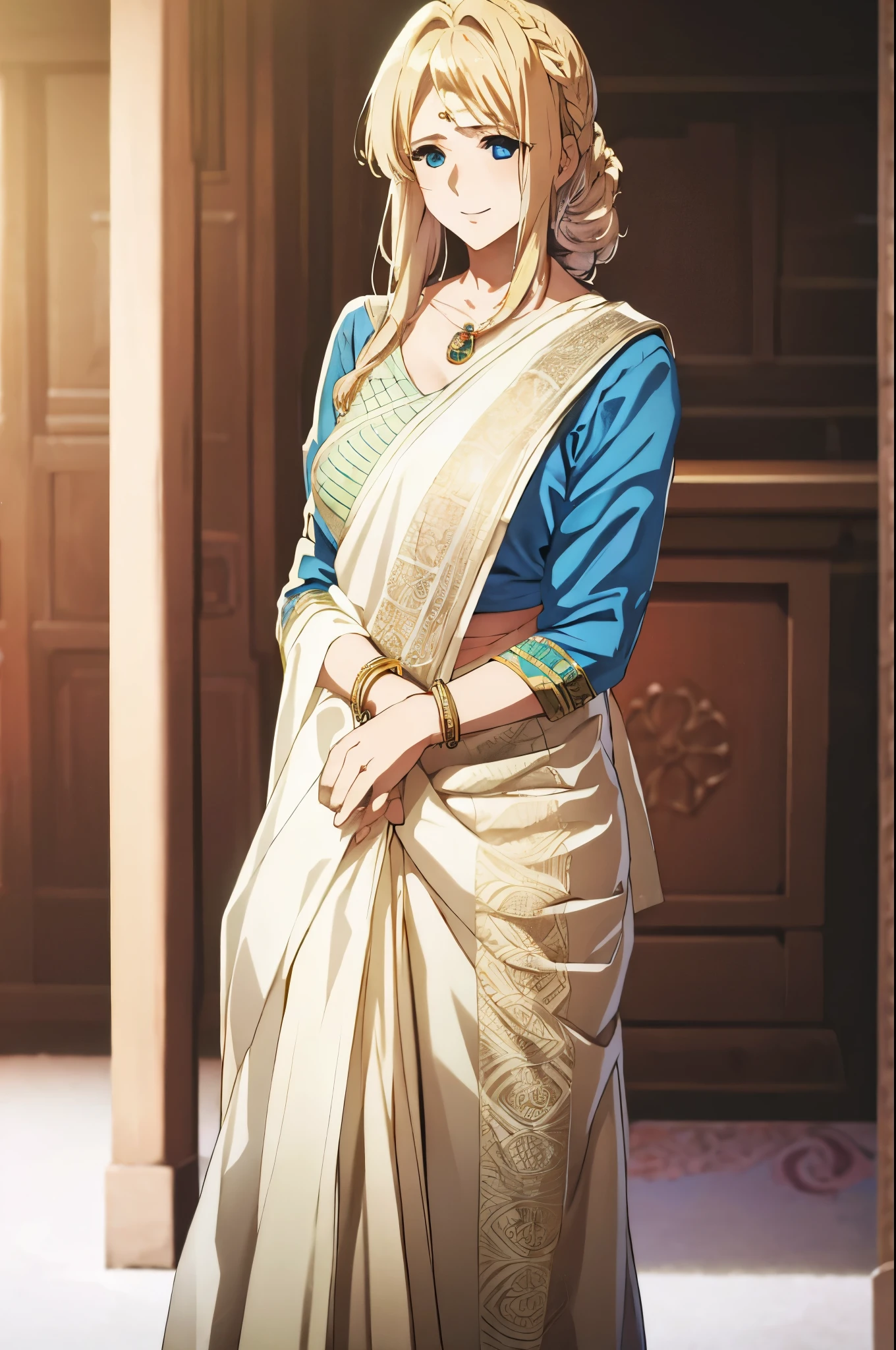 masterpiece, best quality, highres, violet evergarden, blond hair, braid hair, jewelry, onam saree, blue blouse, white saree, standing, looking at the camera, slight smile, alone, ultra detailed, high quality, model in the middle of frame