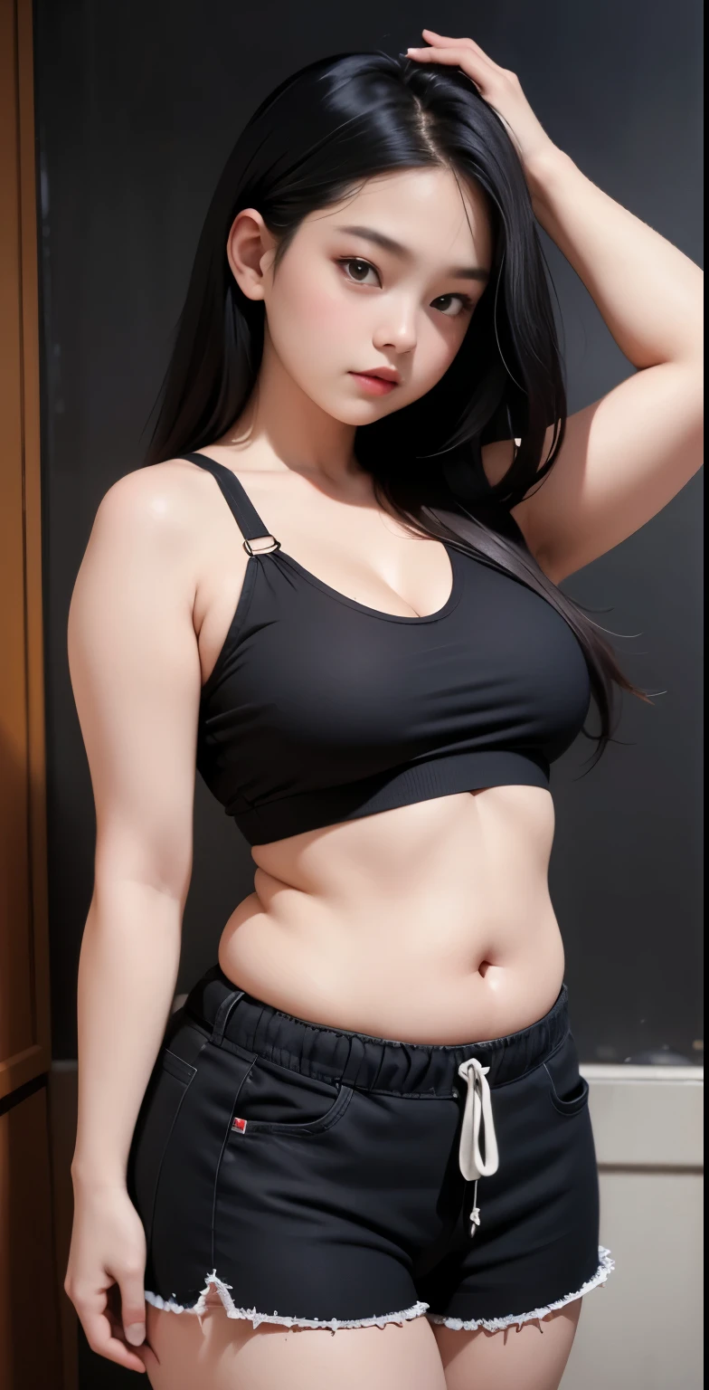 Gadis  tahun, tubuh chubby ,   pose acak di ruangan hitam, memakai sneakers warna merah, payudara kecil, paha tebal, , thick arm, hot , , fat belly, long dressed , SFW,  , SMALL CURVY  , Wide cleavage, chest