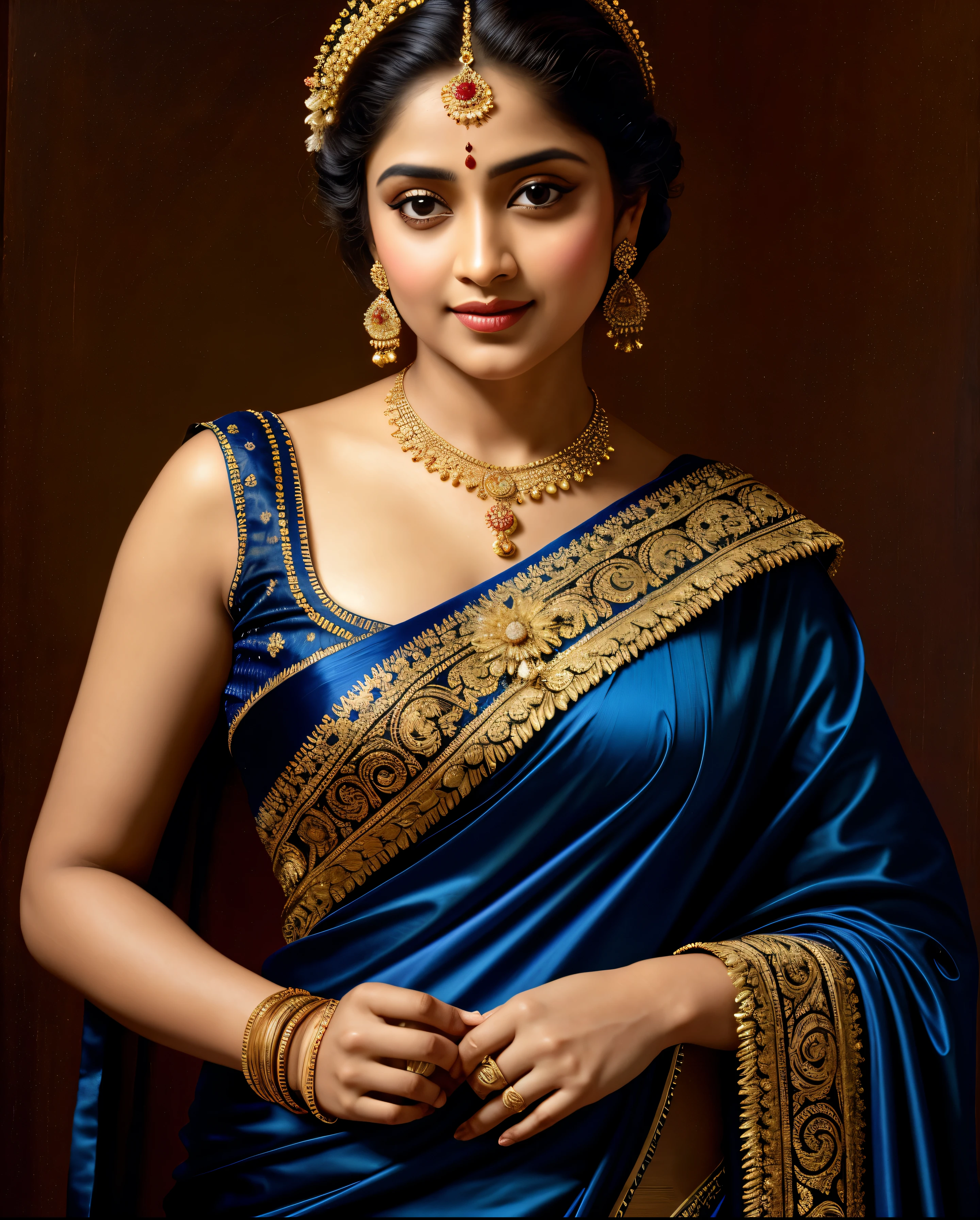 Looks like Jannat Zubair, Beautiful Indian Woman, wearing saree, sari Beauty, gorgeous, Apsara, Maharani, royal queen woman, nymph from Hindu Mythology, Urvashi, matchless beauty, Highly detailed, Oil Painting by Peter Paul Rubens inspired by Raja Ravi Varma, Matchless beauty, captivating, gorgeous, heavenly beauty, celestial beauty, by Peter Paul Rubens, 13, realistic, hyper realistic, micro details, incredible artwork, insane details, ultra High resolution, 8k, 32k, acrylic on canvas, intricate, flawless, detailed, detailed face, detailed eyes, masterpiece, by Peter Paul Rubens, by Caravaggio, by William Adolphe bouguereau, perfect face, perfect body, beautiful art, realism, baroque, renaissance Art, highly textured, beautiful and detailed eyes, uhd, best quality,
