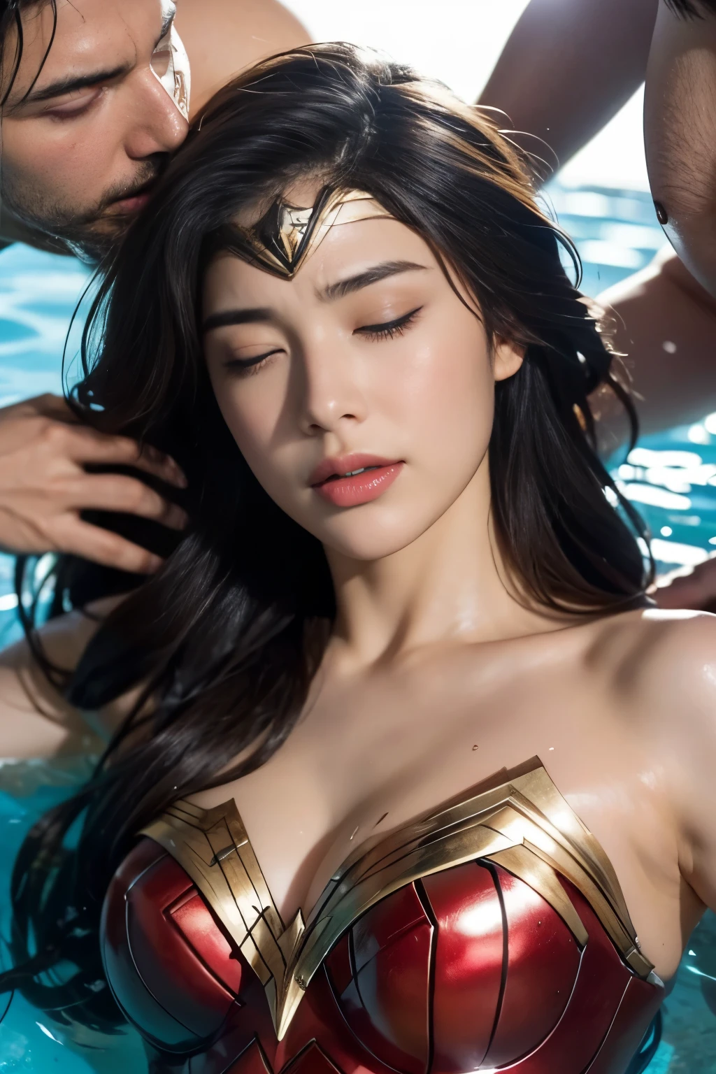 in water,perfect wonder woman costume,whole body,Having your head held down under water,Being submerged in a pool,Drowning in the pool,Face submerged in water,in waterに潜る,Submerge your face in water,In the pool,Inside the fountain,Soaked in water,Soaking wet wonder woman,sleeping face,Close ~ eyes,open your mouth,tired face,face of suffering,sleeping face,Soaking wet hair,Soaked Hair,wet body,fight the men,surrounded by men,,caught between men,Being licked by men,Intertwining with men, Attacked by men,assaulted by men,Being bullied by guys,being sexually abused by a man,Captured by a man,Being detained by a man、touch your face,、Hair is pulled hard,My head is grabbed,Grab my head,brown hair, masterpiece、beautiful girl、fine 目、puffy eyes、highest quality, 超High resolution, (reality: 1.4), movie lighting,super beautiful、beautiful skin、(超reality的な)、(High resolution)、(8K)、(very detailed)、(beautiful and fine 目)、(Super detailed)、 detailed face、slanted bangeshi hair、brown hair、20-year-old、Wonder Woman Cosplay