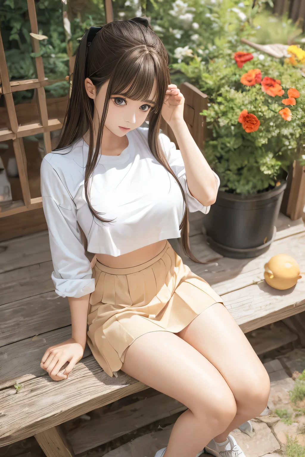 chunmomo, (masterpiece, best quality:1.2), soft light, 1girl, solo, delicate face, Detailed skin, long black hair, ,pleated skirt,shirt tucked in,tented shirt,in garden,huge breasts