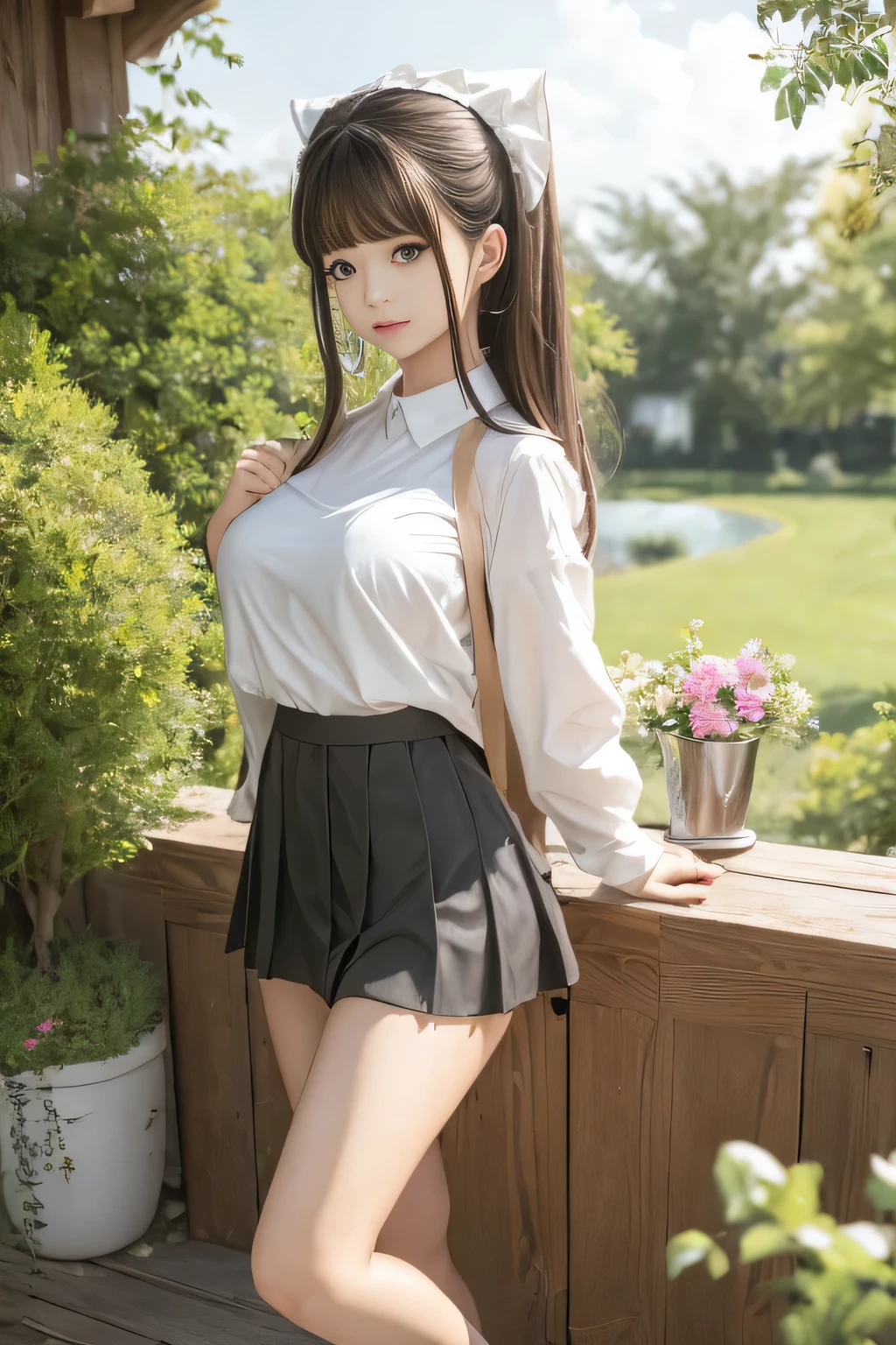 chunmomo, (masterpiece, best quality:1.2), soft light, 1girl, solo, delicate face, Detailed skin, long black hair, ,pleated skirt,shirt tucked in,tented shirt,in garden,huge breasts