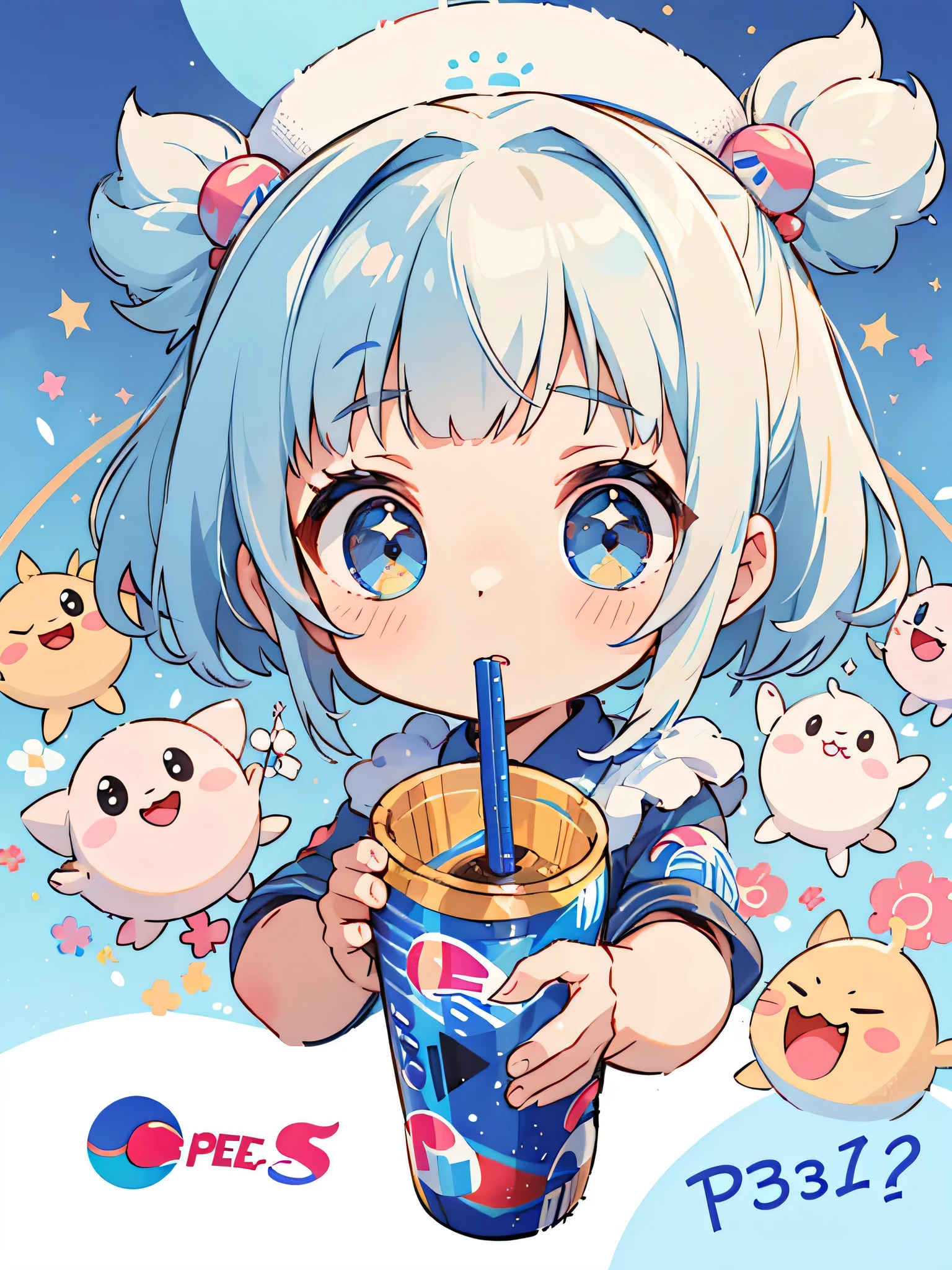 Momoko Sakura style, Kawaii Design, most beautiful girl ever、Chibi, Colorful bob hair、((Lots of friends))、(((Everybody drink Pepsi)))