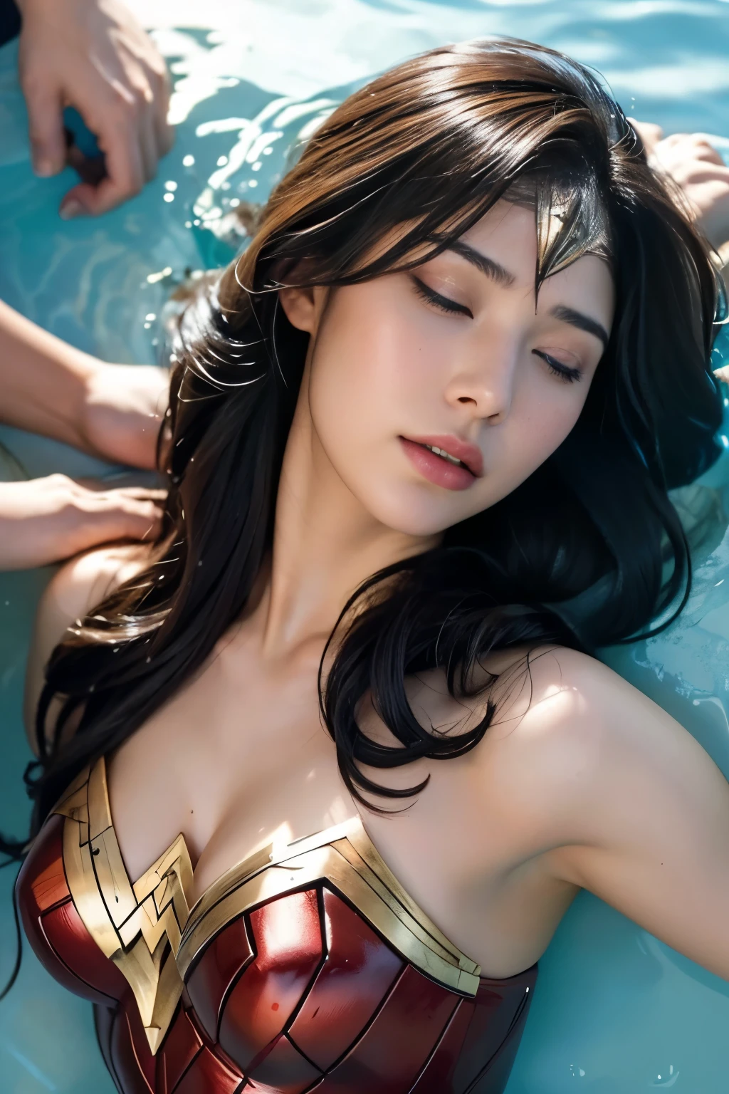 in water,perfect wonder woman costume,whole body,Having your head held down under water,Being submerged in a pool,Drowning in the pool,Face submerged in water,in waterに潜る,Submerge your face in water,In the pool,Inside the fountain,Soaked in water,Soaking wet wonder woman,sleeping face,Close ~ eyes,open your mouth,tired face,face of suffering,sleeping face,Soaking wet hair,Soaked Hair,wet body,fight the men,surrounded by men,,caught between men,Being licked by men,Intertwining with men, Attacked by men,assaulted by men,Being bullied by guys,being sexually abused by a man,Captured by a man,Being detained by a man、touch your face,、Hair is pulled hard,My head is grabbed,Grab my head,brown hair,  masterpiece、beautiful girl、fine 目、puffy eyes、highest quality, 超High resolution, (reality: 1.4), movie lighting,super beautiful、beautiful skin、(超reality的な)、(High resolution)、(8K)、(very detailed)、(beautiful and fine 目)、(Super detailed)、 detailed face、slanted bangeshi hair、brown hair、20-year-old、Wonder Woman Cosplay