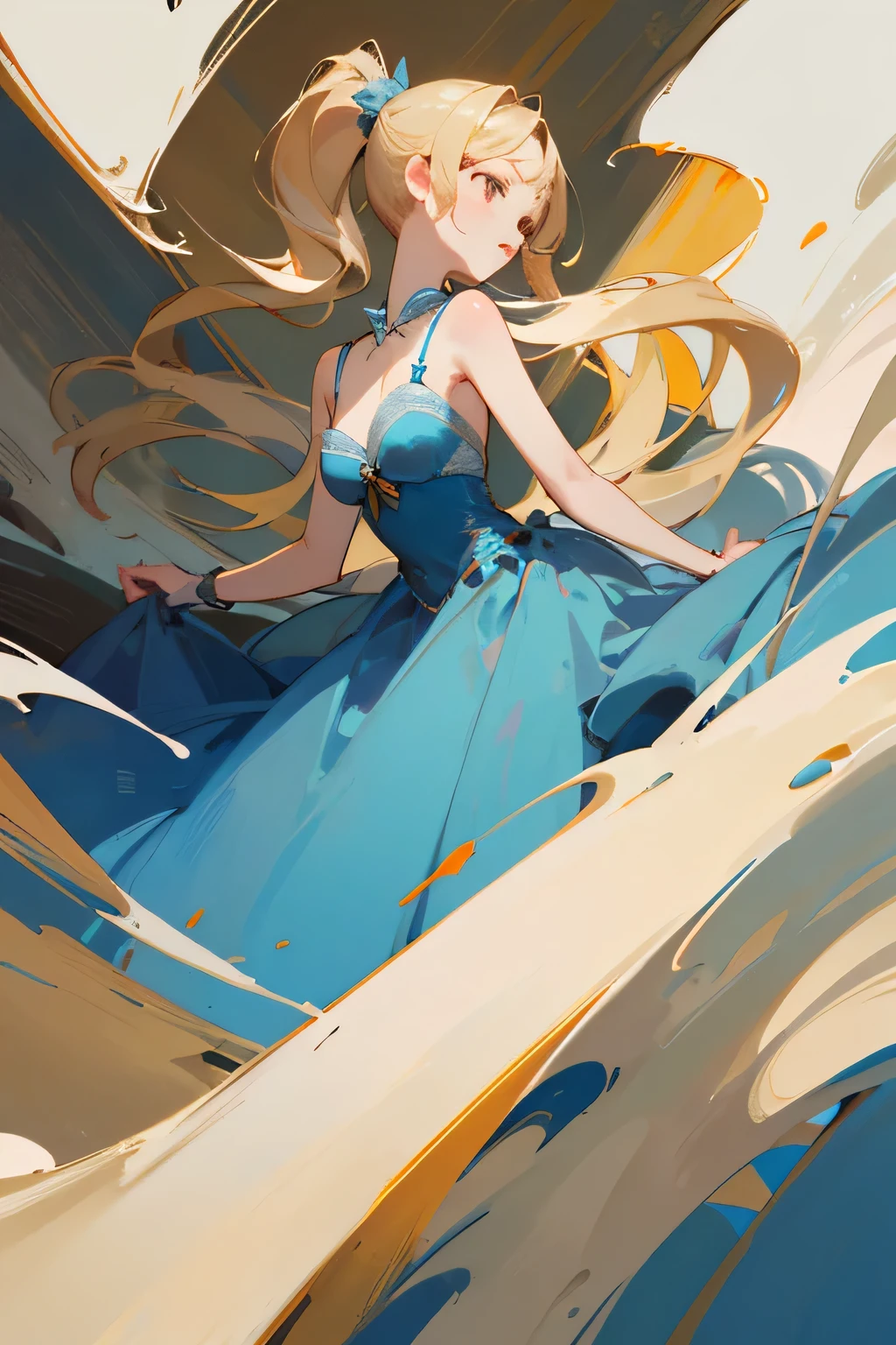 ((highest quality)), ((masterpiece)), (be familiar with), perfect face、Half-up ponytail、blonde、blue long dress、E cup、