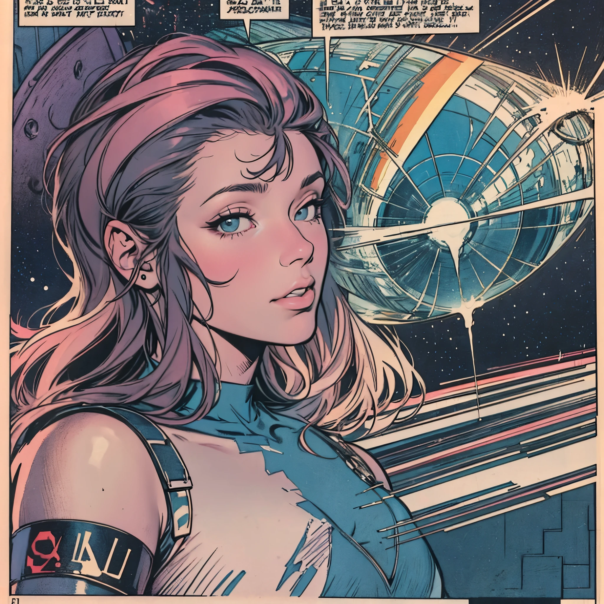ultimate best quality,beautiful woman,speech bubble,big brest,galaxy,60s,70s,80s,Geometric,