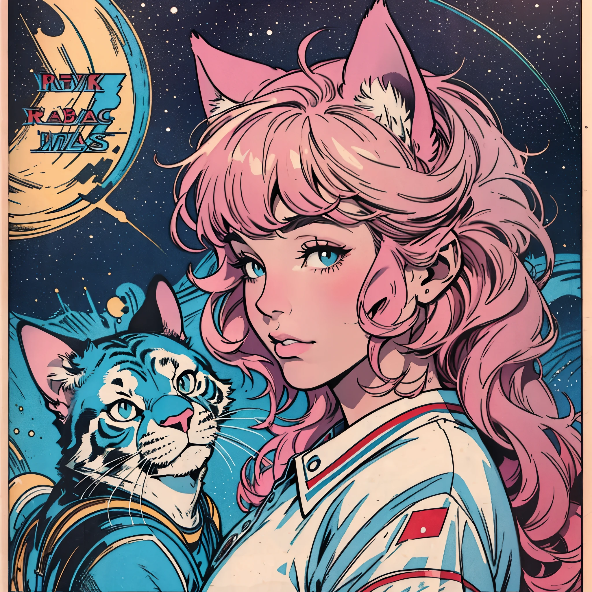 ultimate best quality,beautiful woman,Speech bubble,big brest,galaxy,60s,70s,80s,cat,colorful,