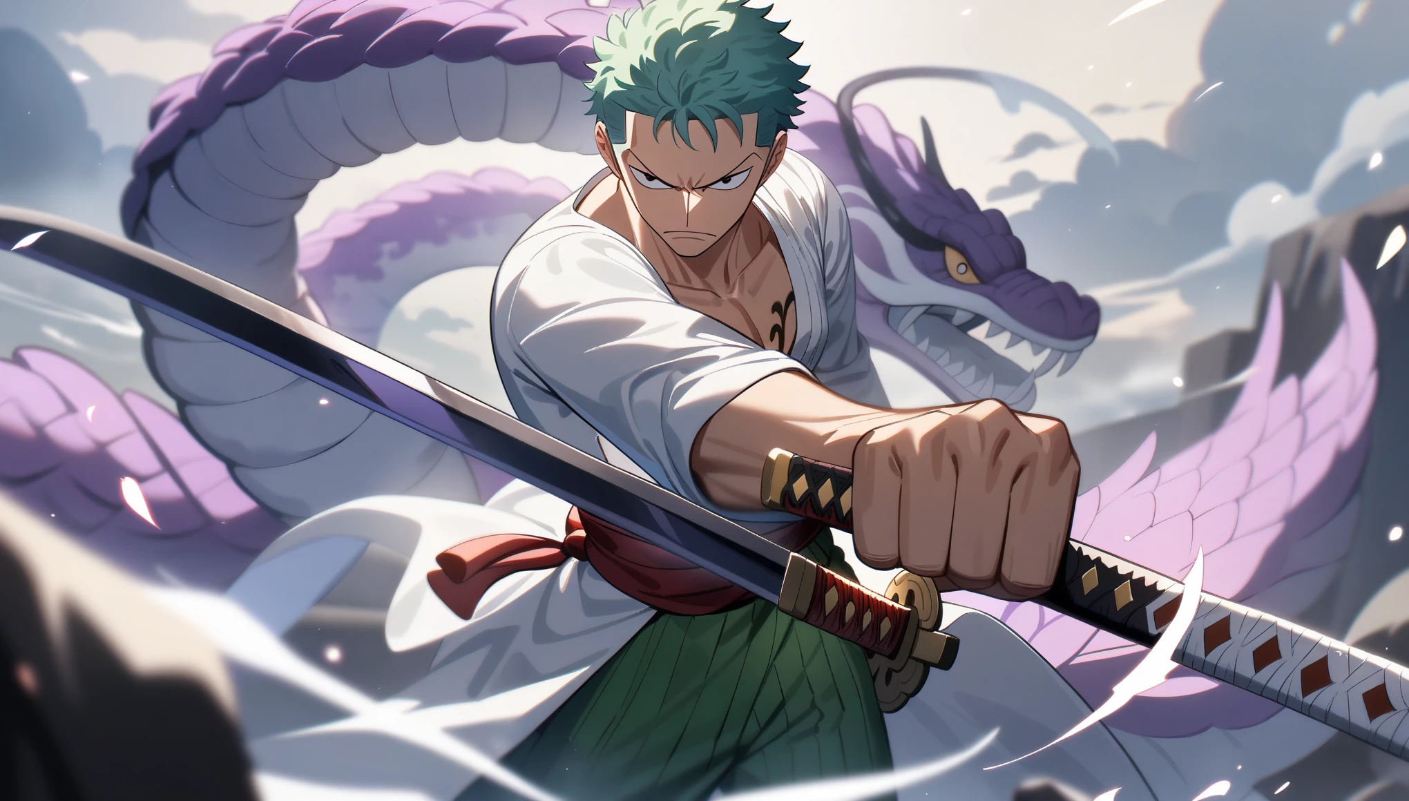 1boy, Zoro, One Piece, solo, serious, newest, very aesthetic, absurdres, standing, holding Enma (Katana, Sword), looking at viewer, from up right, white kimono with purple colored dragons, masterpiece, (best quality), (ultra-detailed), outdoors