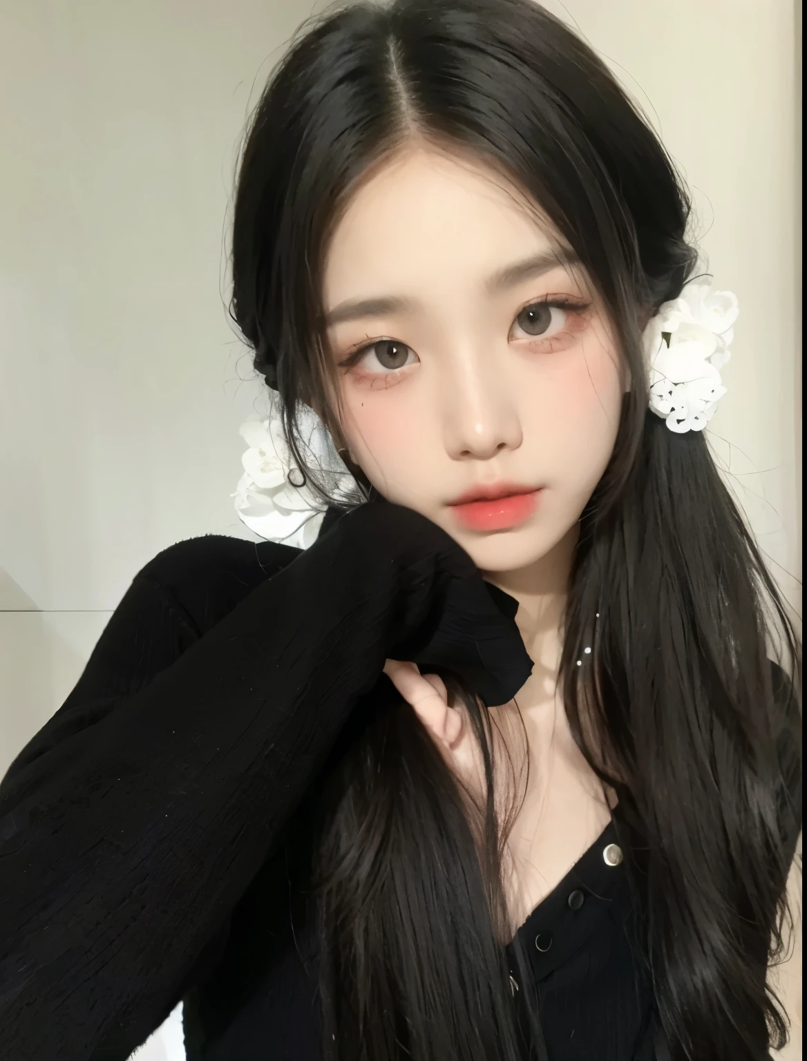 1girl, black random formal attire, white background,