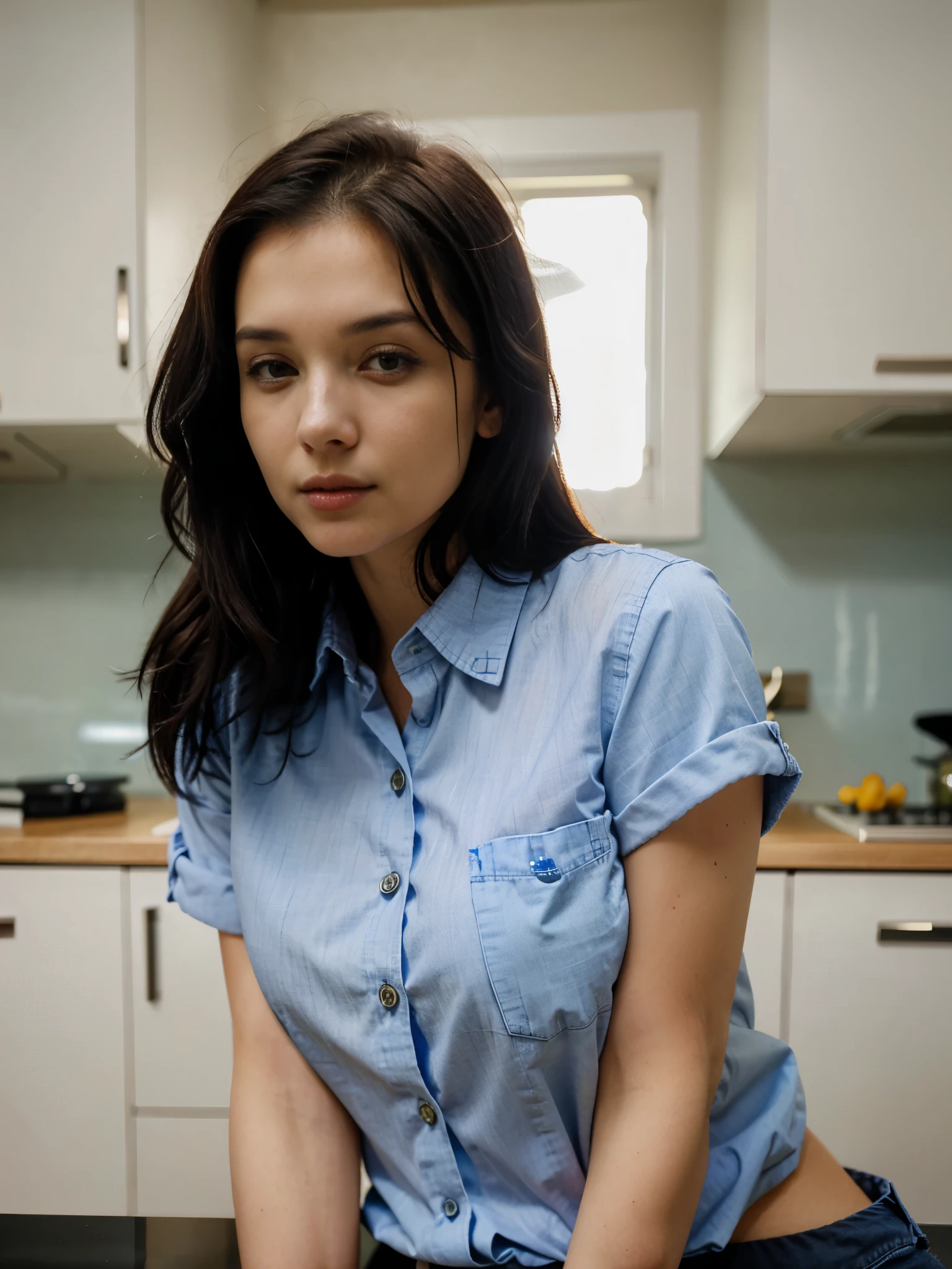 jenya.d, (closeup portrait) woman wearing blue button up shirt, facing viewer, beautiful woman medium hair, perfect face, ((in kitchen))