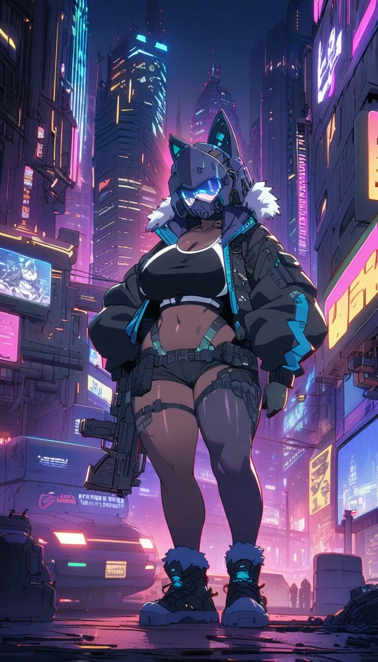 Cyberpunk High Tech Tactical Werewolf Mask Helmet Steel Wolf Clawsl dark skin Super huge breasts black sports top Cyberpunk black tights black jacket High-tech gun sci-fi city full-body shot