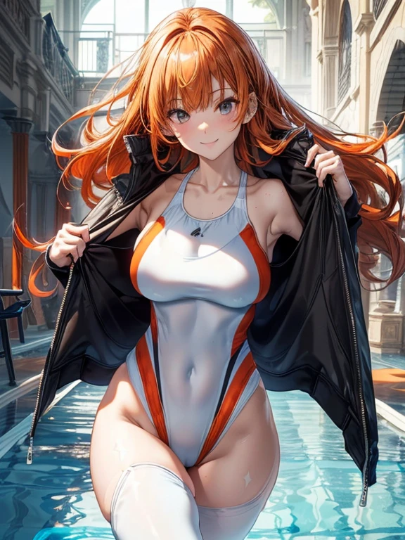 highest quality、All limbs、full finger、Slender beauty、1 female、straight hair woman、((orange hair woman))、medium hair woman、straight hair woman、(beautiful big breasted woman:1.3)、((Black Rider Jacket))、(((white competitive swimsuit:1.3)))、brown pantyhose、Black knee-length long boots、big smile、naughty pose、((dancing))