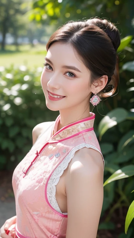Brunette hair, Slick Back hair, happy face, beauty face, smile, Slim, Thin, Tall, Small Ass, Natural tits, Blue Eyes, Oval Face, Earrings, Park, Posing, Wearing a Light Lotus-Pink Color Lacy Cheongsam, Sleeveless, Viewed from distance, Ballet Flats shoes, Picture take entire-body.