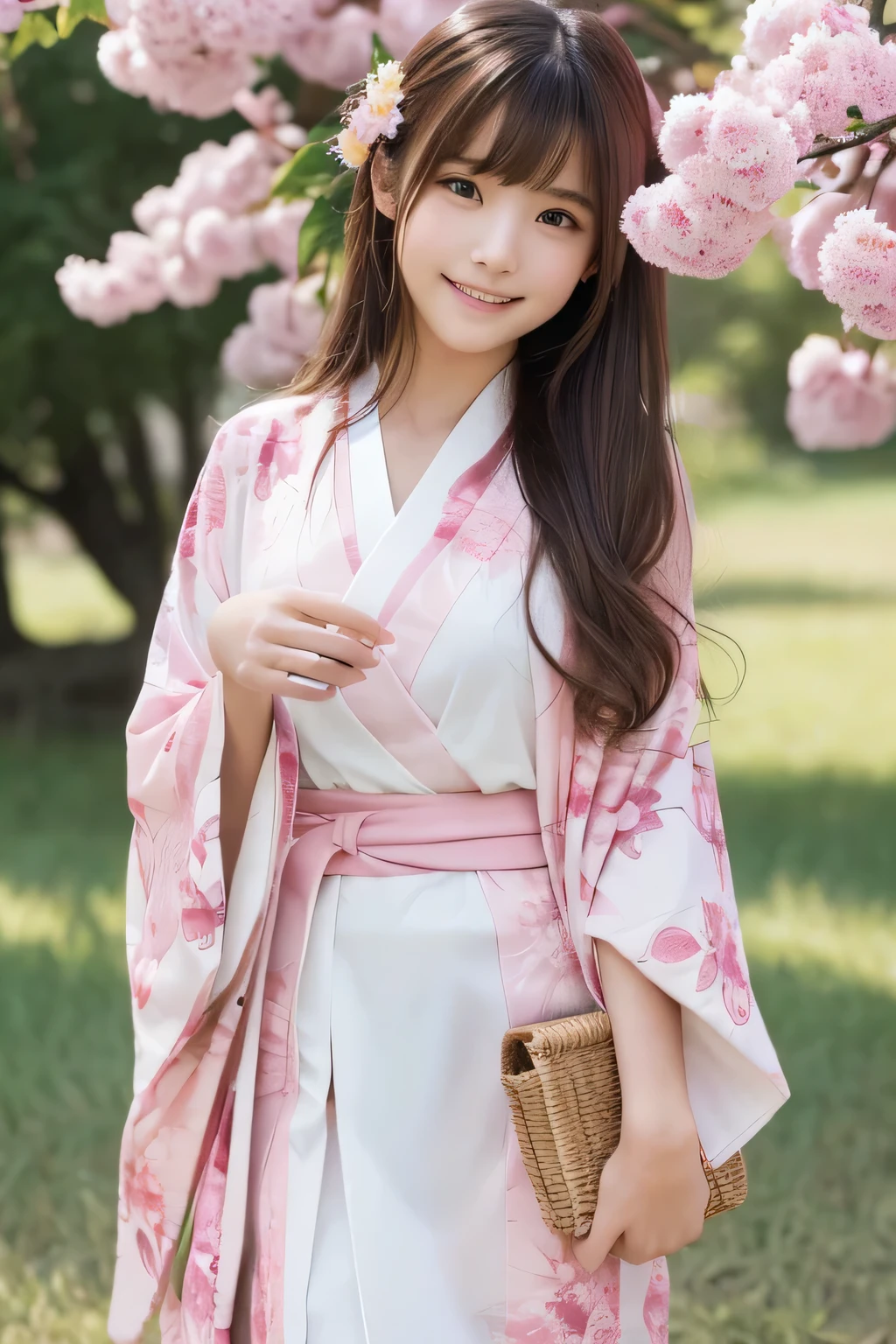 (best image quality、8K、masterpiece:1.3))、Realistic high quality photos、highest quality、Cute girl~well-groomed face、13 year old beautiful Japanese girl、Photos of slim models、beautiful girl model、若いjapanese girl、Young and pretty face、japanese girl、13 year old female model、beautiful model girl、The innocent look of the girl next door、nice delicate face、brown hair、beautiful brown eyes、tear bag、drooling eyes、young body、(full body shot), ((pink kimono)), smile、vast grassland
