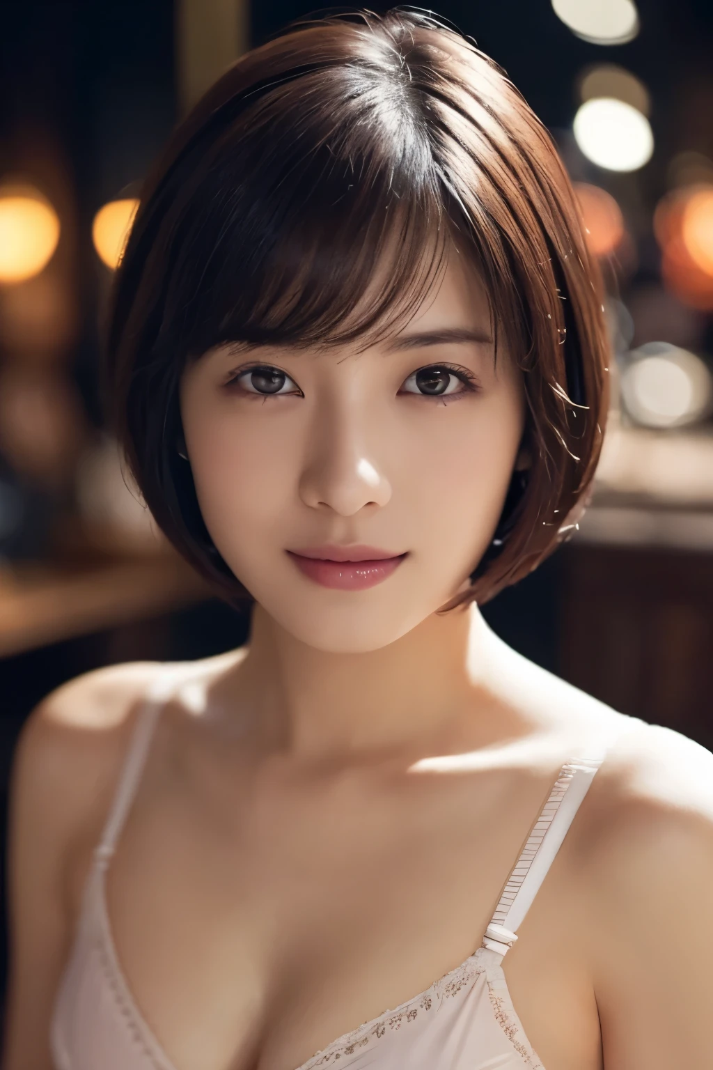 1 girl, (In underwear:1.2), (Raw photo, highest quality), (realistic, Photoreal:1.4), table top, very delicate and beautiful, very detailed, 2k wallpaper, wonderful, finely, very detailed CG Unity 8K 壁紙, Super detailed, High resolution, soft light, beautiful detailed girl, very detailed目と顔, beautifully detailed nose, detailed and beautiful eyes, cinematic lighting, winter scenery, Night intersection, perfect anatomy, slender body, taut, short bob cut, bangs, looking at the viewer, slight smile