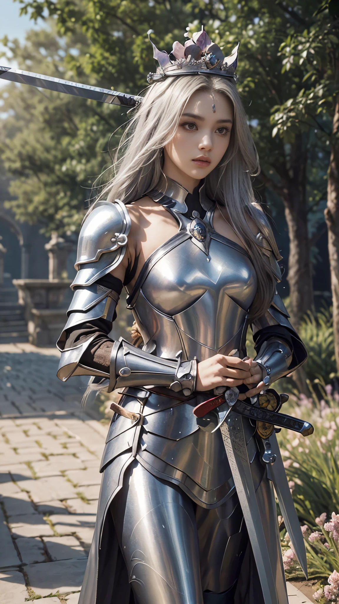 model shoot,1 girl, (innocent face:1.4), long hair, (assassin armor:1.5), silver outfit, bare shoulder, (beautiful crown:1.5), (bloom effect:1.5), hyper realistic, super detailed, Dynamic shot, masterpiece, park scenery sharp détails, perfect eyes, perfect skin, (two handed sword:1.5), (perfect slim body:1.5),