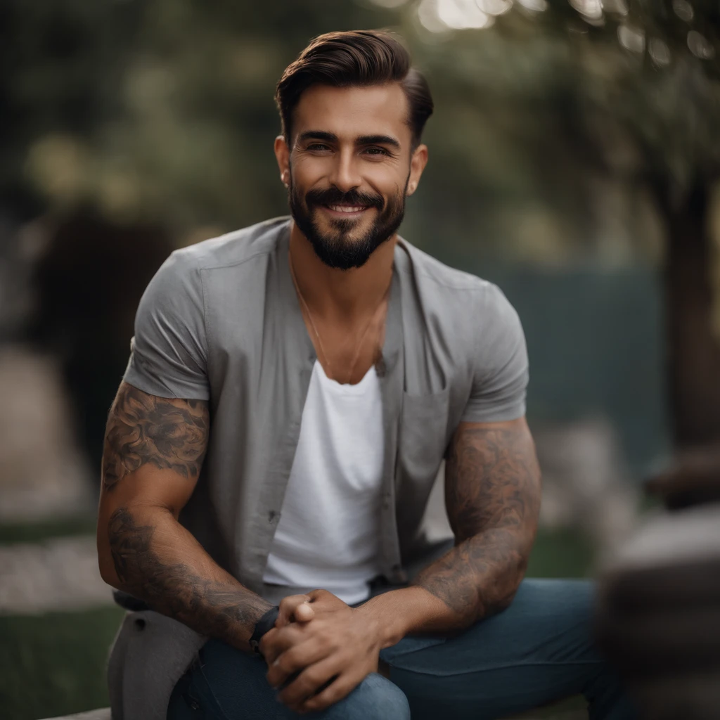 Hombre calvo sin pelo, barba corta y camisa gris posando para una foto,sonriente, tatuajes, hombre tatuado, hombre atractivo, hombre guapo, hombre atractivo, hermoso rostro atractivo, hermoso y atractivo, joven atractivo, Hombre delgado con piel bronceada clara., hombre bonito, shoulder-length brown hair, modelo masculino, cara bonita perfecta, fuertes rasgos masculinos, cara detallada, square jaw, Can Yamán 8k