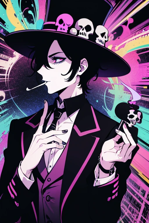 a psychedelic skull wearing a black top hat smoking a cigarette