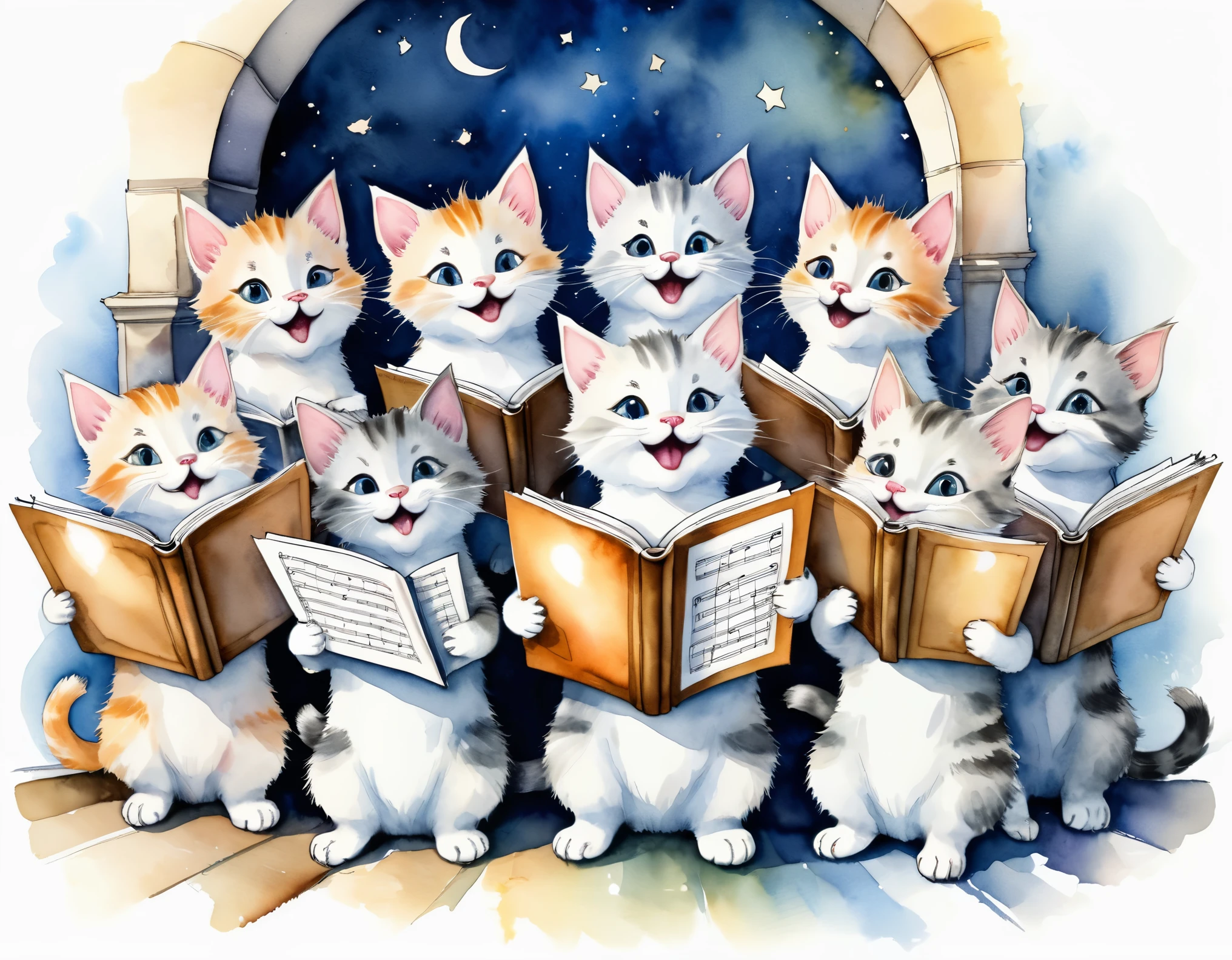An enchanting, 8K watercolor and ink illustration of ten cute kittens singing in the choir. They are holding sheet music, One has his eyes closed in concentration, another watches a mouse pass by his feet and the other puts his arms down and looks at the audience, very funny scene, artistic details, whimsical folk art, HDR-UHD. A white background exudes a magical atmosphere to the scene, elegant effect, perfect for a fantasy-inspired painting or poster or for print