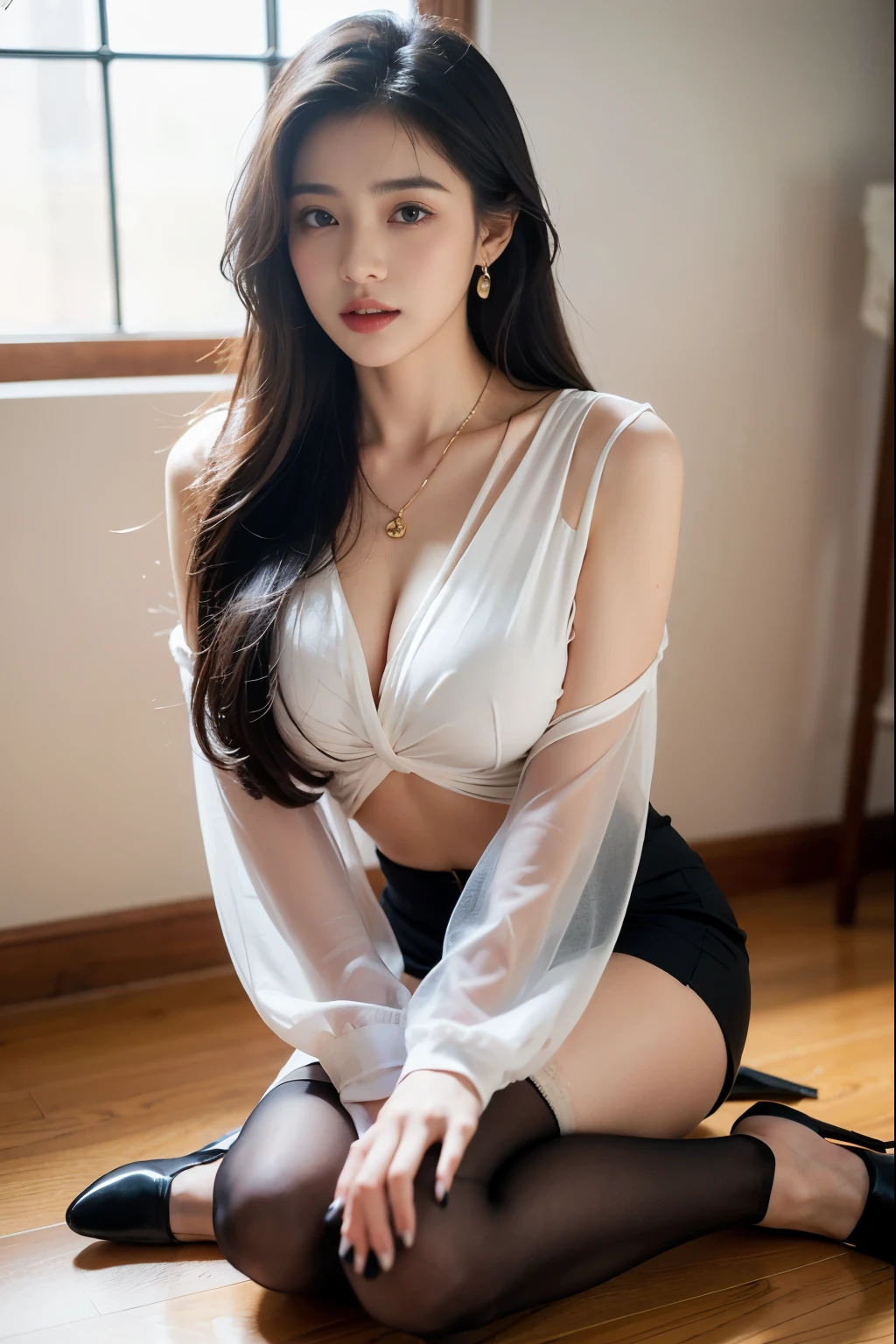 (masterpiece:1.3), (8 thousand, realistic, RAW photos, best quality: 1.4), (1 woman),(sheer silk blouse), (short skirt), (짙은색 realistic 팬티 스타킹),   (wearing stockings), (wearing stockings), (High Heels),  (High Heels),  (very sexy),   (full body shot),  (Beautiful makeover), (유난히 아름다운 realistic 얼굴), (Build a beautiful body) , (beautiful face), (beautiful face),  (long eyelashes),  (double eyelid), (big bust)  ,  (Strong body through exercise),  (beautiful abs),   (Beautiful heaps),  (tall),  (such a beautiful body),  (realistic face), (black hair. parted, long hair:1.3), (아름다운 parted스타일), (realistic eyes), (really beautiful and delicate eyes), (realistic skin), (beautiful skin), (nudity),    (absurd), (attractive), (ultra high resolution), (extremely realistic), (very detailed), (golden ratio), (realistic 긴 다리),  (realistic 팔),  (necklace),  (earring),(beautiful nails manicure), (So beautiful and sexy)