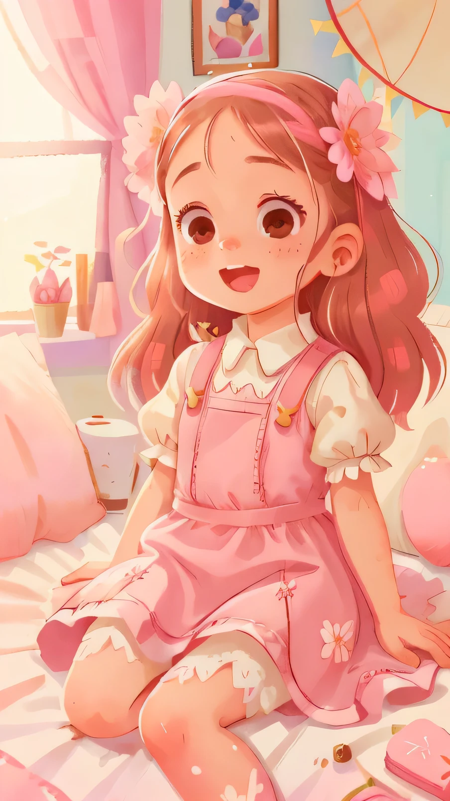 A  girl, sitting in a white room, wearing pink dress, happy, happy, perfect quality, clear focus (clutter - home: 0.8), (masterpiece: 1.2) (realistic: 1.2) (bokeh) (best quality) (detailed skin: 1.3) (intricate details) (8K) (detail eyes) (sharp focus), (happy)