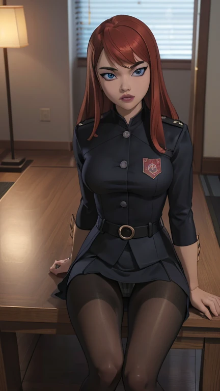 ulzzang-6500-v1.1, (raw photo:1.2), (photorealistic:1.4), beautiful detailed girl, very detailed  bright blue eyes and cute shy face, beautiful detailed eyes, super detailed, high resolution, very detailed, best quality, masterpiece, kemomimi, ((Japanese girls' high school black uniform)), illustration, very detailed, CG, unified, 8k wallpaper, amazing, Fine details, masterpiece, best quality, very detailed CG uniform 8k wallpaper, light on face, cinematic lighting, 1girl, 16 years old, ((no panties)), ((dynamic pose))), , (half), (black damaged pantyhose), (knee-bending leg sitting)) red hair, red royal cravat, 