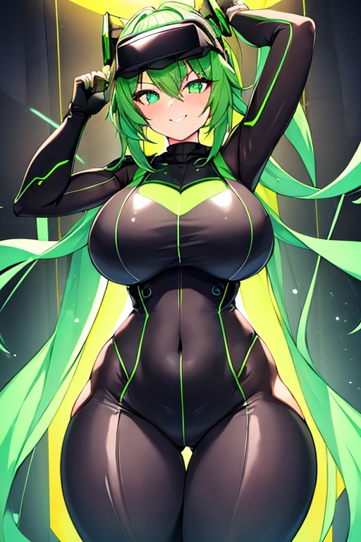 1girl, green hair, vr visors, visord, head-mounted display, covered eyes, bodysuit, black bodysuit, science-fiction, machinery, futuristic, tech, neon, neon trim, large breasts, thick thighs, wide hips, swaying hips, hip sway, sway, arms behind back, arms up, smile,