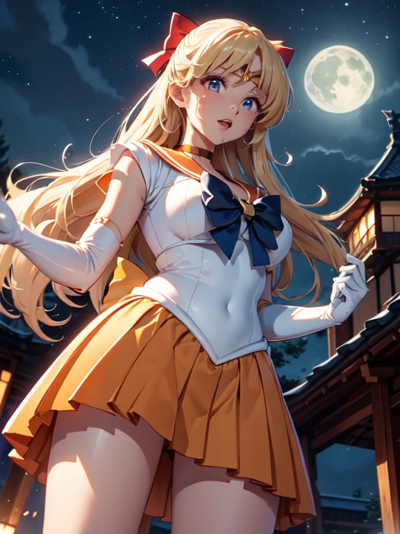 master piece,best quality,ultra detailed,8k, ambient light,realistic skin,glossy skin,
(sv1, sailor senshi uniform, orange skirt, elbow gloves, tiara, orange sailor collar, red bow, orange choker, white gloves, jewelry)、(sailor senshi uniform)、Clothes are severely torn、
(cowboy shot)、(arched back:1.2)、(from front)、Open your mouth wide and stick out your tongue、(the body is very wet:1.3)、(from below:2)、constriction、(delicate body:1.3)、normal bust、emphasizing the cleavage、 glossy lips、Slightly emphasize the lower lip、blush、embarrassed expression、
fantastic night sky、full moon、aurora、horizon、open-air bath、Japanese inn、Castle、futon
