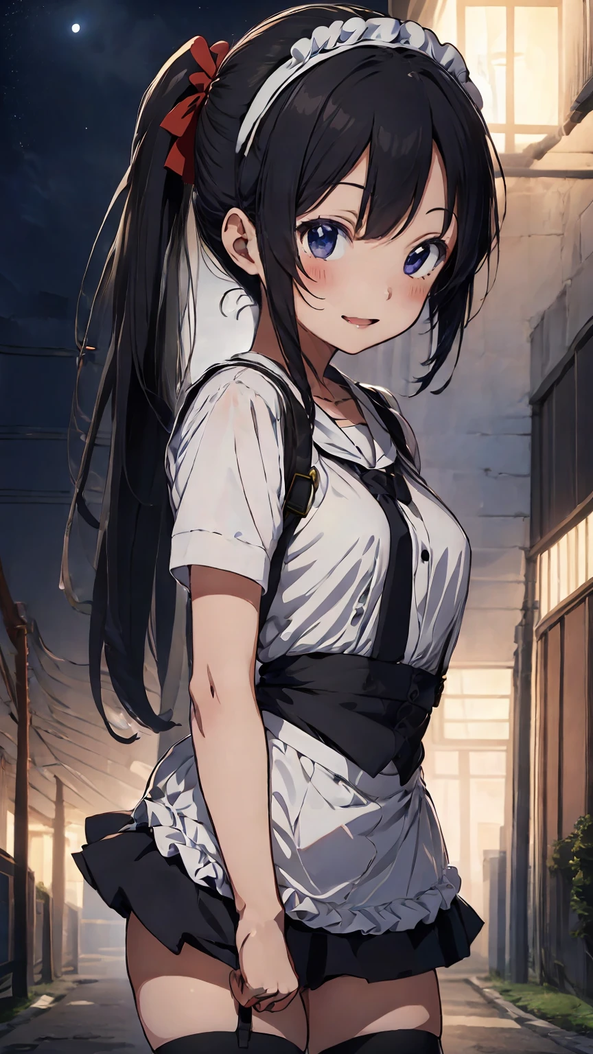 Anime girl with long black hair wearing a maid headband, shy smile, small breasts, Edwardian maid, anime style 4k, beautiful anime portrait, anime moe art style, anime art wallpaper 4k, anime art wallpaper 4k, High quality anime art style, anime style portrait, Gweiz, artwork in the style of Gweiz, detailed digital anime art, anime art wallpaper 8k, cute anime girl portrait, Moonlight night, whole body