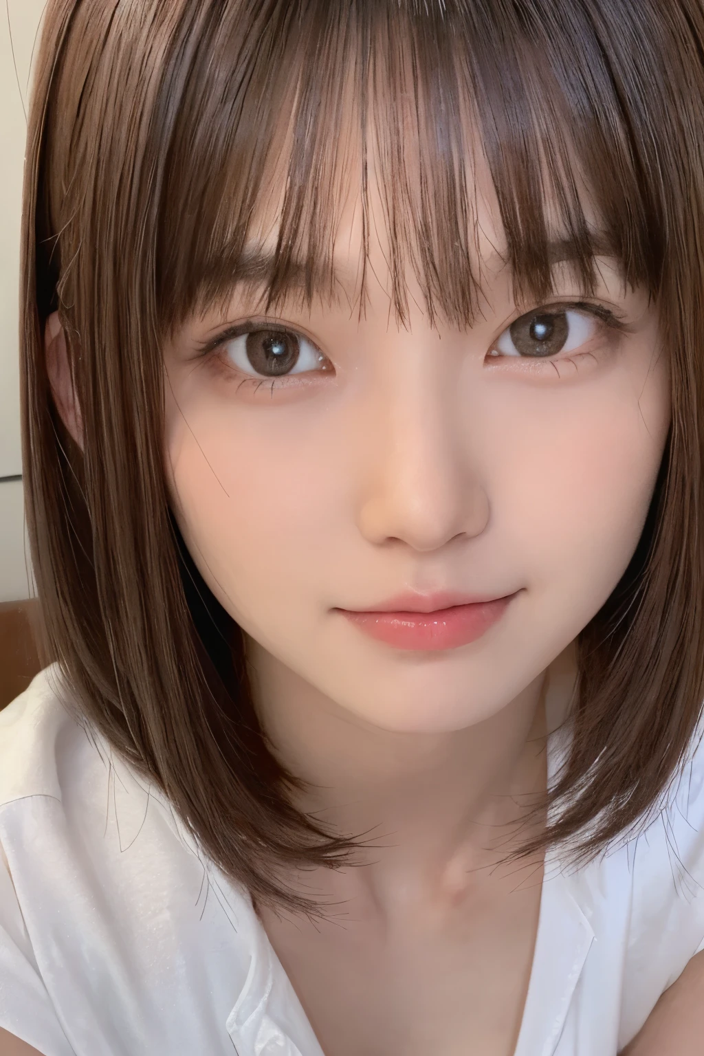one girl, (beautiful girl, delicate girl:1.3), (16 years old:1.3),
break, (In underwear, Minimum cloth area:1.2),
break, (Idol, close up of face:1.3),
break, very fine eyes, (symmetrical eyes:1.3),
break, small breasts, brown eyes, parted bangs, brown hair, (upper teeth, best smile:0.2),
break, (Eye and face details:1.0),
break, (masterpiece, highest quality, super detailed, detailed face, 8K)
