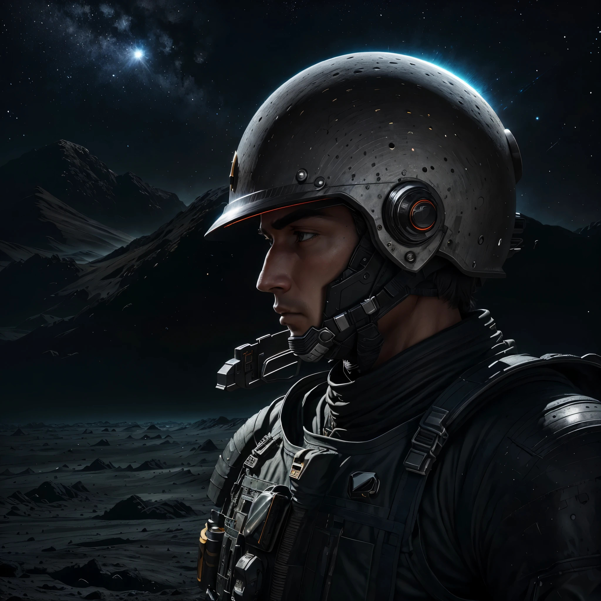 My back is seated on the moon's edge in a thoughtful pose, gazing at the Earth as it explodes in the distance. I wear a motorcycle helmet, its shiny surface reflecting the bright lunar light, adding an element of mystery and intrigue to the scene. The neutral background enhances the moodiness of the situation, while the photorealistic rendering showcases every detail, from the craters on the moon's surface to the intricate textures of my helmet. Ultra-high definition 8K image, hyper-realistic.