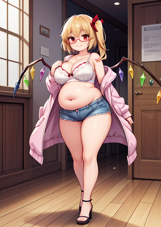 (masterpiece, best quality, highly detailed), 1girls, big belly, huge belly, art by kipteitei, round belly, chubby, curvy, belly grab, enormous belly, fat belly, thicc, bigger belly, really big belly, jiggly belly, glasses, unzipped jacket, (no shirt), bra, thight shorts, high heels, smug face ((full body)), long hair, Flandre scarlet