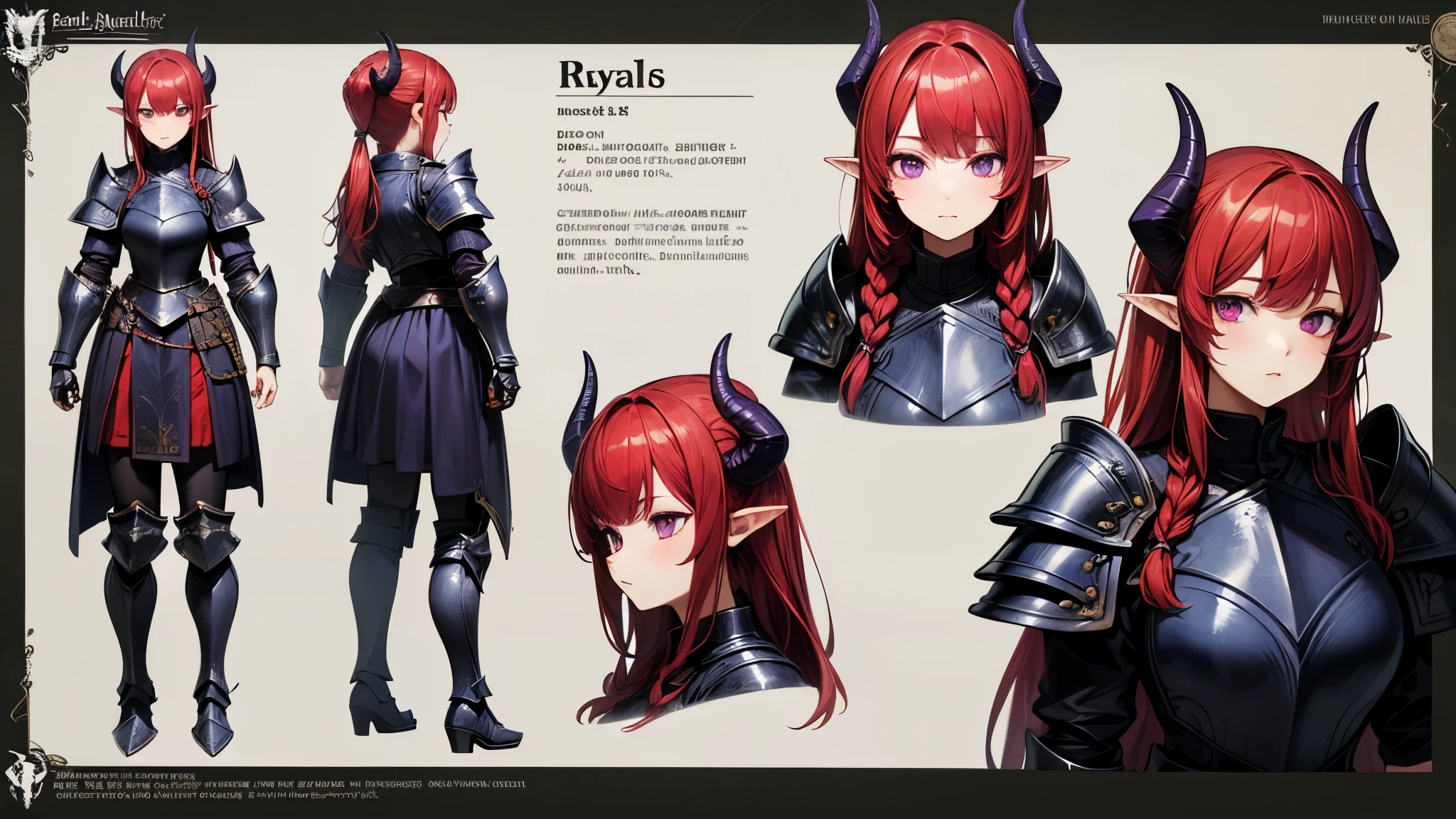 (Masterpiece, best quality), detailed, character sheet, many items (the same person, medieval royal armor, demonic heavy armor, fullplate armor, many parts), athletic, busty, demon, demon girl, detailed beautiful purple eyes, detailed face, pointy ears, red hair and white skin, braided ponytail, demon horns, full of details.