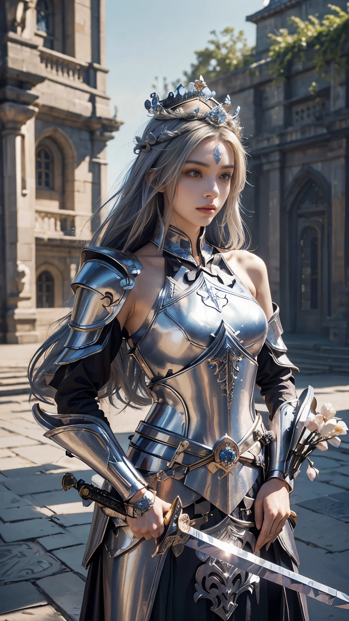 model shoot,1 girl, (innocent face:1.4), long hair, (assassin armor:1.5), silver outfit, bare shoulder, (beautiful crown:1.5), (bloom effect:1.5), hyper realistic, super detailed, Dynamic shot, masterpiece, park scenery sharp détails, perfect eyes, perfect skin, (two handed sword:1.5), (perfect slim body:1.5),