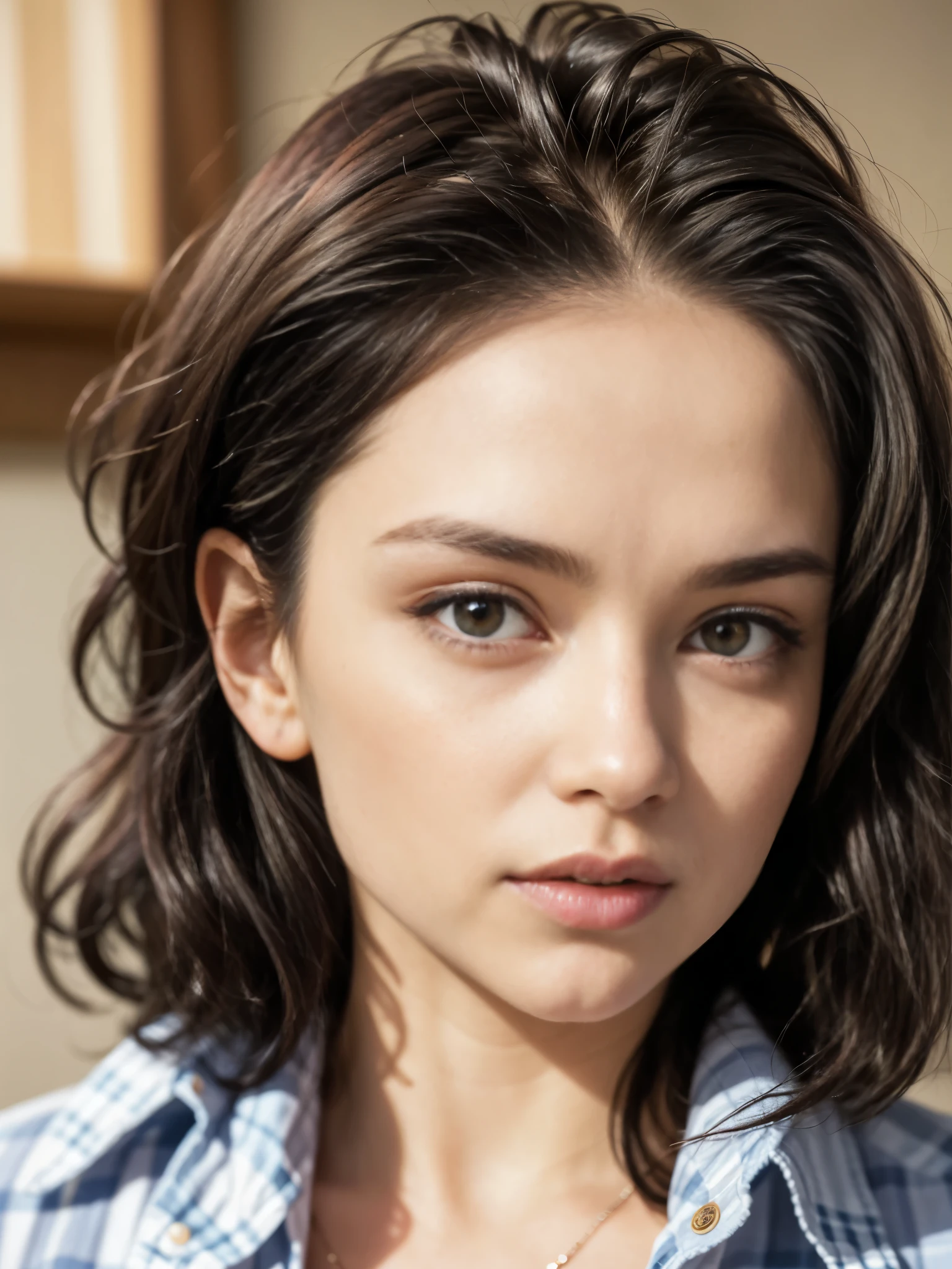 jenya.d, (closeup portrait) woman wearing blue button up shirt, facing viewer, beautiful woman medium hair, perfect face, ((in kitchen))