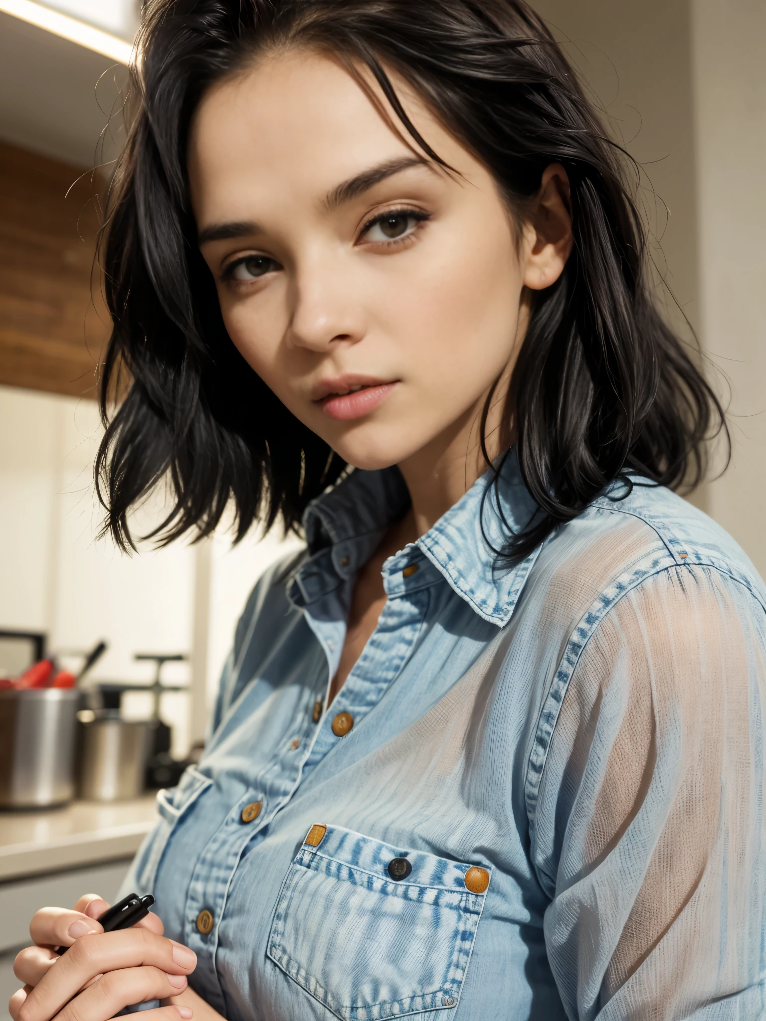 jenya.d, (closeup portrait) woman wearing blue button up shirt, facing viewer, beautiful woman medium hair, perfect face, ((in kitchen))