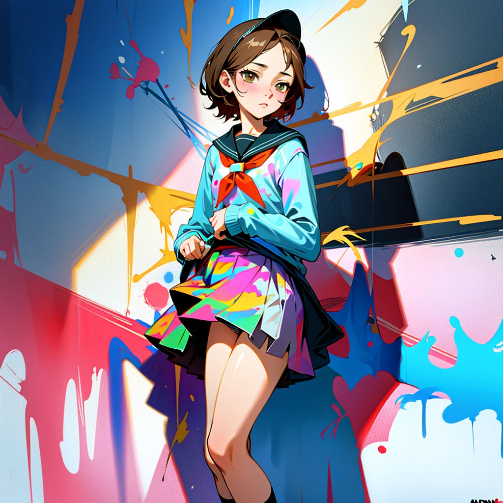 a girl,school-uniform, skirt-lift,(showing her panties),(Banksy painted on the wall),