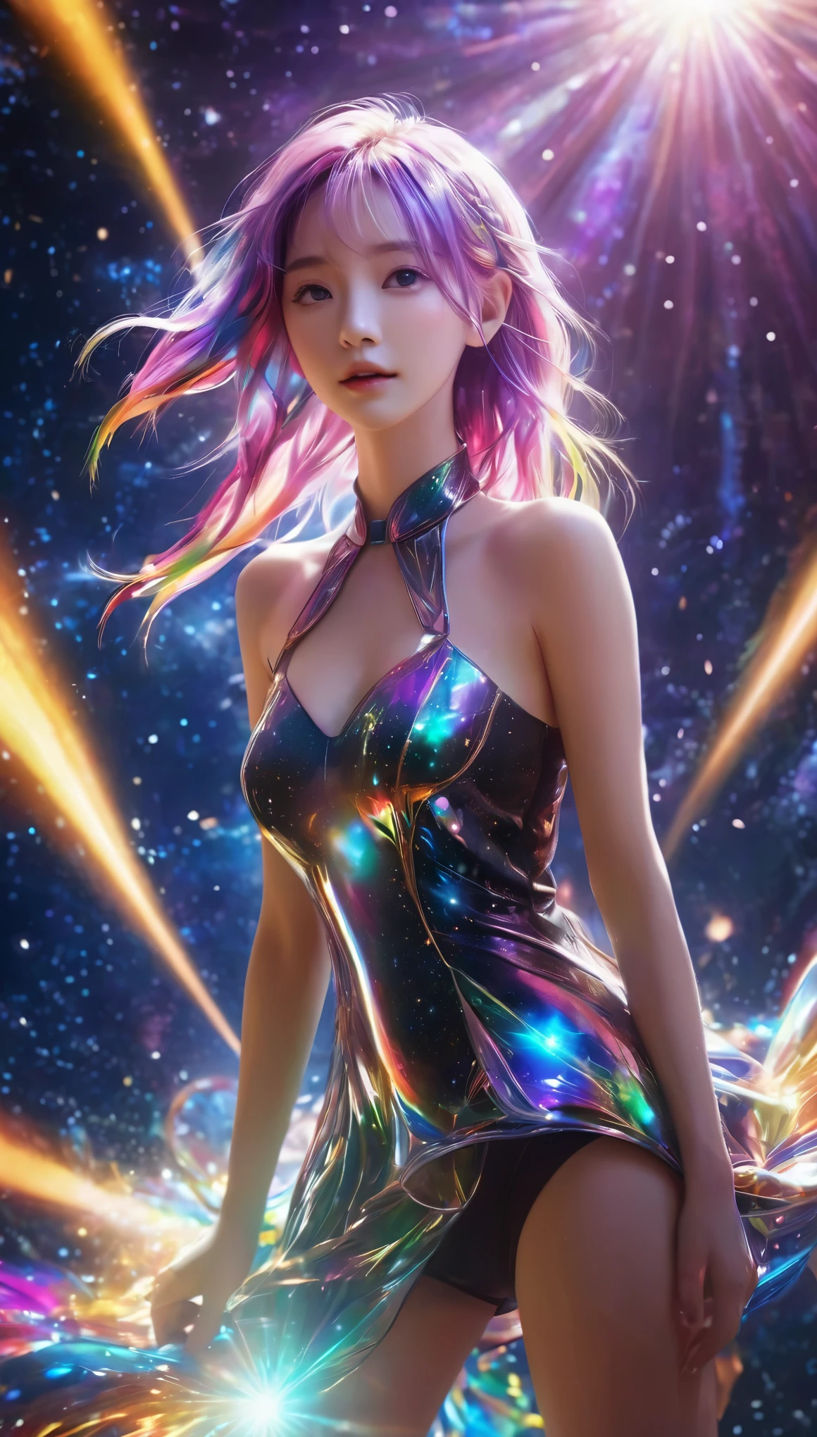 floating in space、whole body、reach out, highest quality, Highly detailed CG integrated 8k wallpaper, movie lighting, Lens flare, beautiful detail eyes, black, Side view, multicolored hair, Rich and colorful light, particle, 、girl、laugh fearlessly、Rainbow Hair、Big Bang Girl,The edge of the universe can be seen on the lining、dark matter、energy、Retro and psychedelic、Create miracles with a single photon、From Blink to Quasar、It's too bright to keep looking、The Super Burst is what draws you in