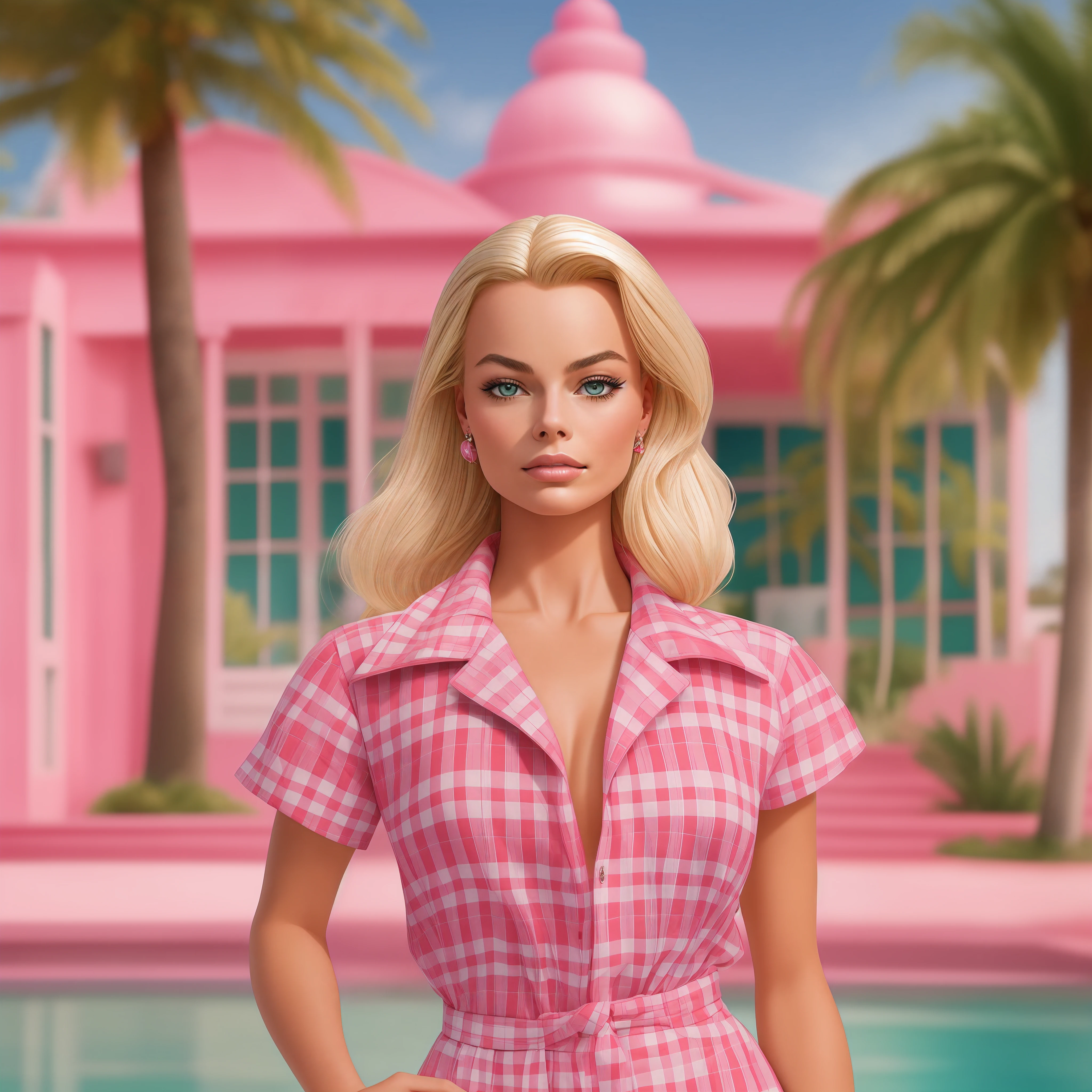 barbie, margot robbie, full body, with pink mansion in the background, palm trees in the background, ultra realistic photo, very high resolution, high definition face, 25 year old girl, fashionable plaid clothes, 80's style , film portrait photography, miami beach, realistic skin texture