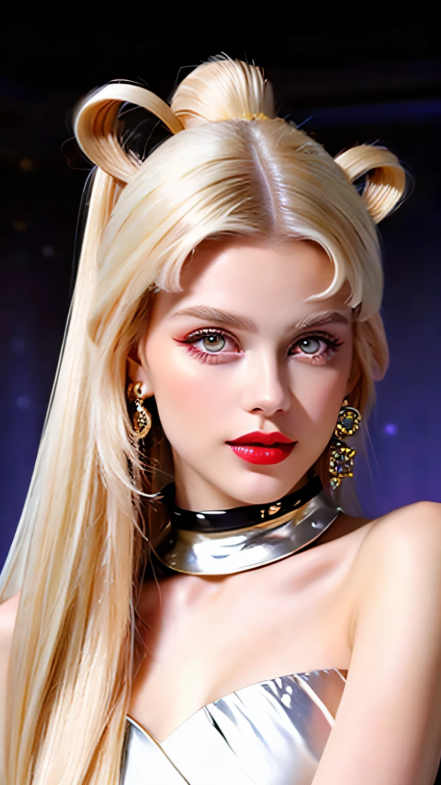 Sailor moon nude young beautiful girl, 1girl,a beautiful futuristic blonde young white cute face, perfect beautiful body, fashion model ,(masterpiece, detailed perfect face, best quality), long two ponytails hair, shiny hair, smirk, juicy lips, red lips, elegant makeup, fullbody nude, extravagant makeup, big ass, big breasts