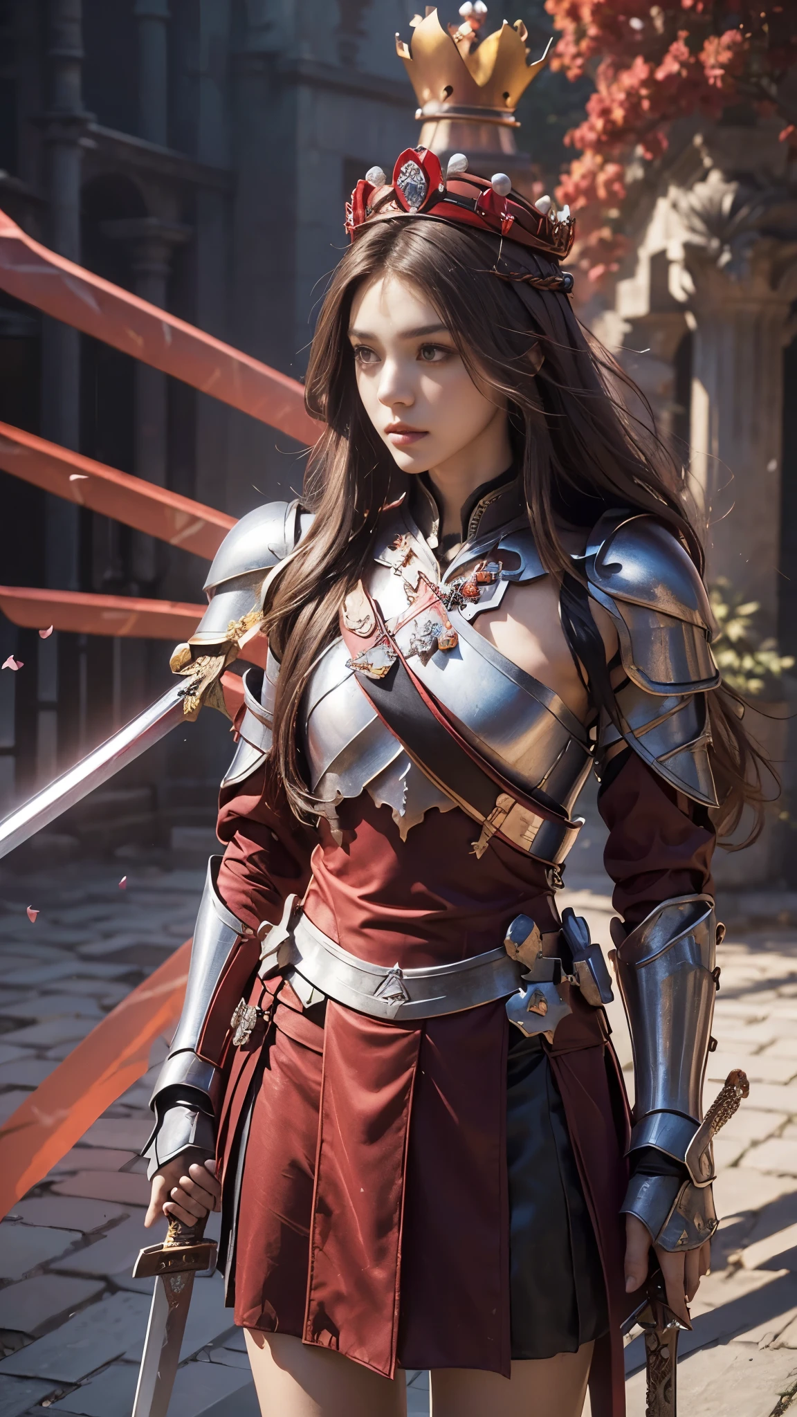 model shoot,1 girl, (innocent face:1.4), long hair, (assassin armor:1.5), red outfit, bare shoulder, (beautiful crown:1.5), (bloom effect:1.5), hyper realistic, super detailed, Dynamic shot, masterpiece, park scenery sharp détails, perfect eyes, perfect skin, (two handed sword:1.5), (perfect slim body:1.5),