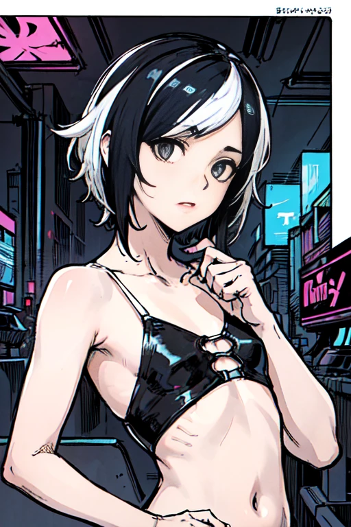 ((White Gray&Black two-tone hair、 Short hair with long hair around the face))、((Remains)), ((cyberpunk fashion)),cartoon style, Horror elements, Comic style illustration, Small eyes、(flat chest), (spooky), circus, crazy illustration, flat illustration、small eyes