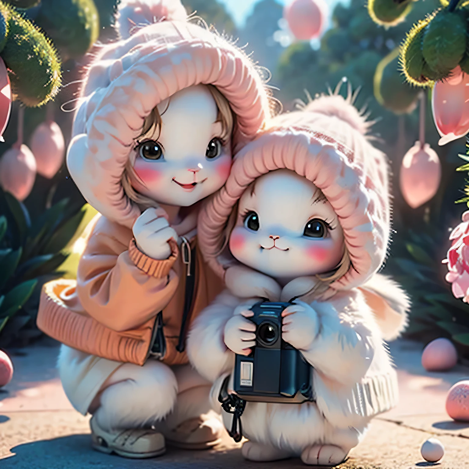 holding camera, Tree_Tree pile, flowers, Lovely , fluffy, lifelike, soft light,
