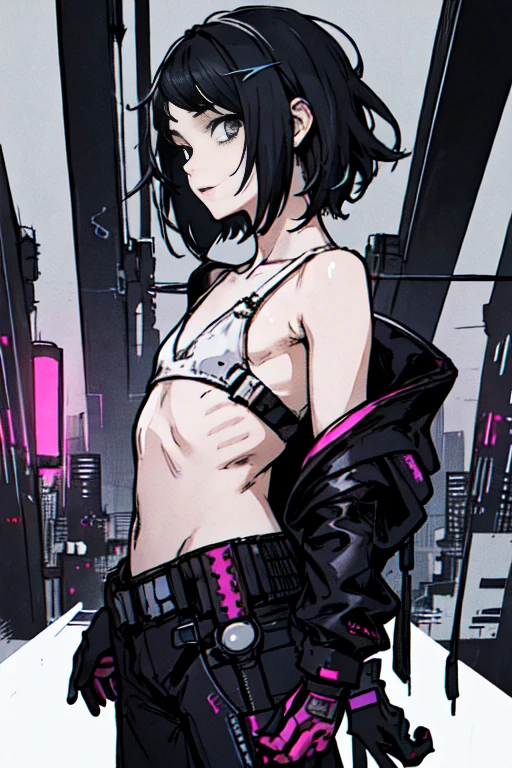 ((White Gray&Black two-tone hair、 Short hair with long hair around the face))、((Remains)), ((cyberpunk fashion)),cartoon style, Horror elements, Comic style illustration, Small eyes、(flat chest), (spooky), circus, crazy illustration, flat illustration、small eyes