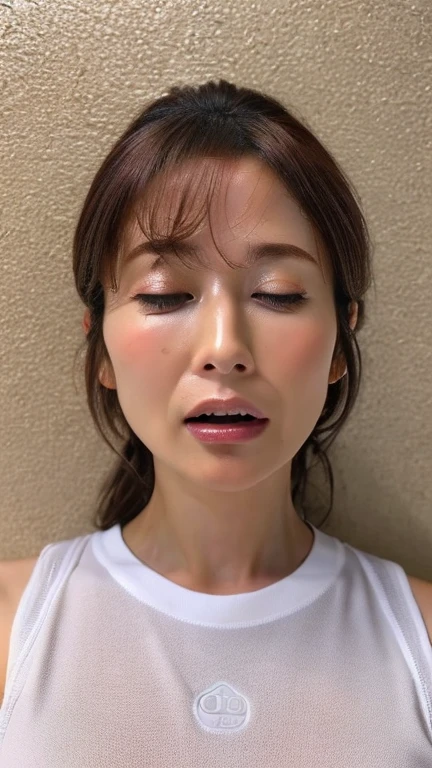 Beautiful Japanese actresses,Flying debris,Award-winning photo, Very detailed, Edge Orgasm, Woman with open mouth and closed eyes , sweatをかいた肌、Lighting that accentuates the shine of sweat{{{Please spread the word }}}, Black Hair、Viewer discretion advised,(length, Narrow nostrils)、Illumination from below、Half-closed eyes, I frowned..., Drooling, Spit out,((Raise your arms behind your back)),nsfw,(:1.3) ,(final:1.2),(Vulgar:1.3),(So stupid:1.1),(steam:1.1),(Wet:0.8),(trembling:0.8),(tears:0.7) ,(Drooling:0.6),(sweat:0.8),((Face close-up))