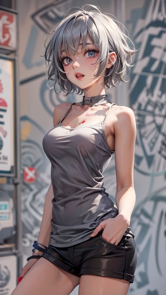 (masterpiece, High resolution, highest quality), ((20 year old woman, Composition from head to thighs, Upper body focus)), fashion pose, detailed eyes, Avant-garde makeup, messy short hair:1.2, ash gray hair, Tube top, tattoo all over the body, blurred background, The deserted backstreets of Cuba:1.3, cinematic lighting, anime style, simple lines, digital painting,